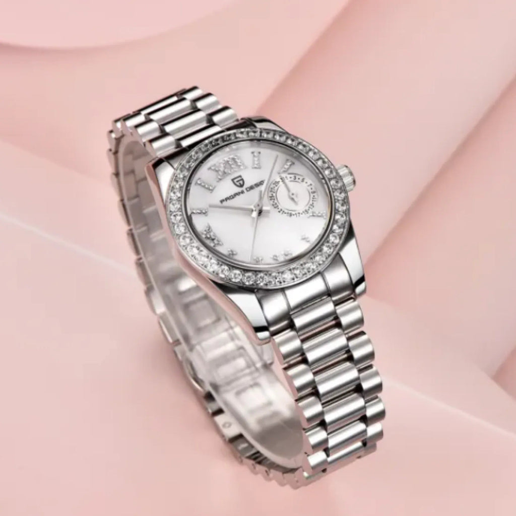 PAGANI DESIGN PD-1776 Luxury Stainless Steel Waterproof Wrist Watch for Women Diamond Bezel Sapphire Dial 32 mm - Frost White - DREAM WATCHES