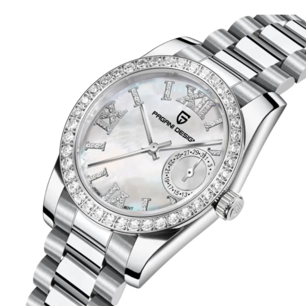 PAGANI DESIGN PD-1776 Luxury Stainless Steel Waterproof Wrist Watch for Women Diamond Bezel Sapphire Dial 32 mm - Frost White - DREAM WATCHES