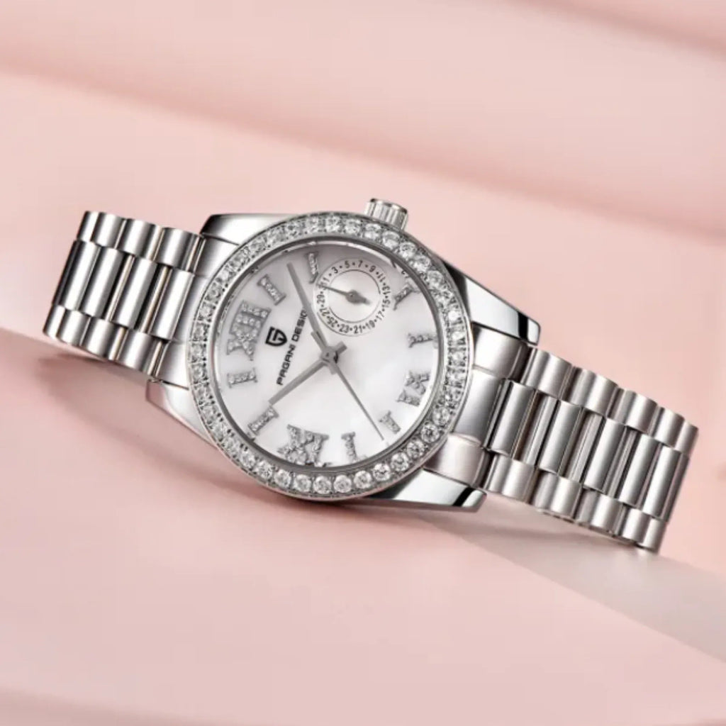 PAGANI DESIGN PD-1776 Luxury Stainless Steel Waterproof Wrist Watch for Women Diamond Bezel Sapphire Dial 32 mm - Frost White - DREAM WATCHES