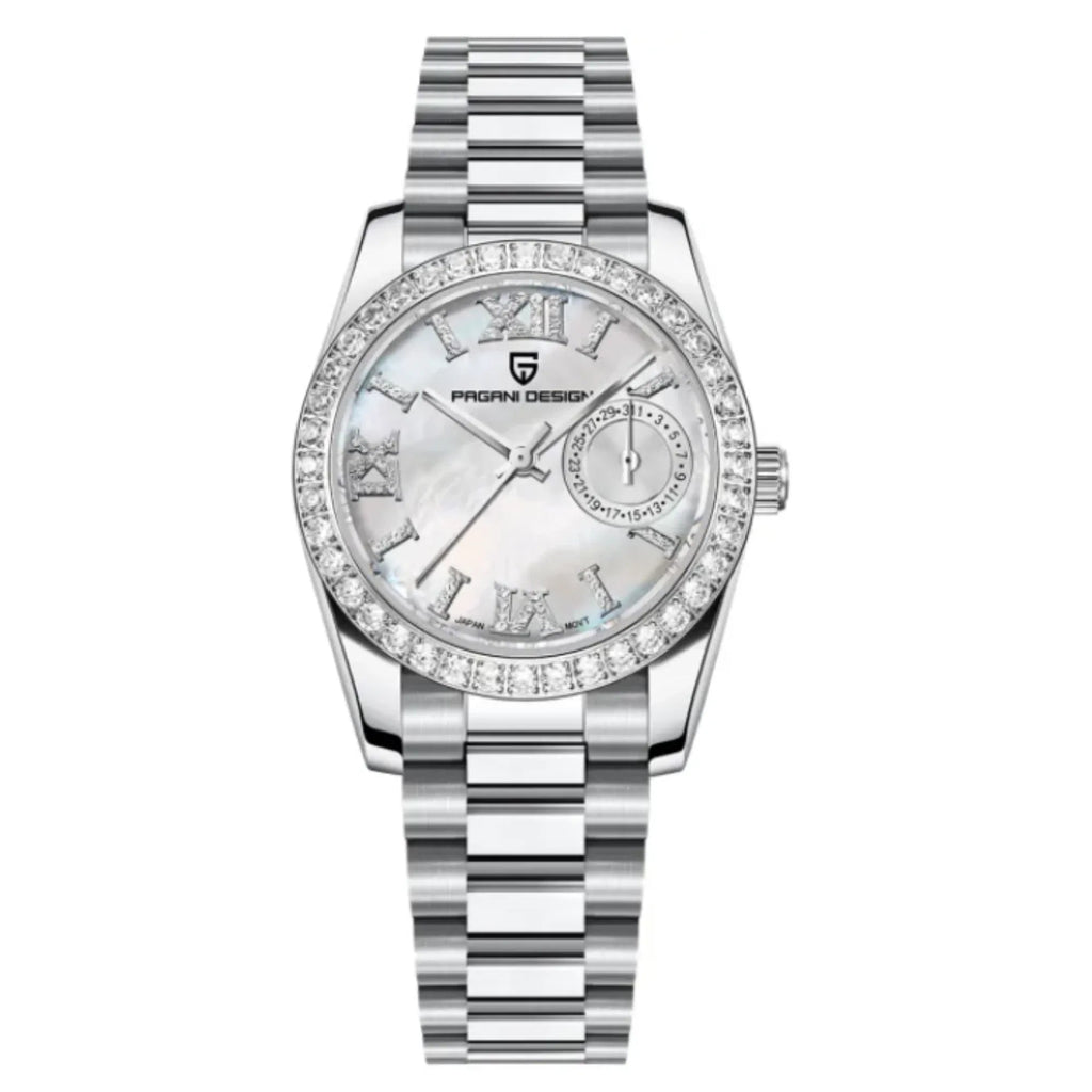 PAGANI DESIGN PD-1776 Luxury Stainless Steel Waterproof Wrist Watch for Women Diamond Bezel Sapphire Dial 32 mm - Frost White - DREAM WATCHES
