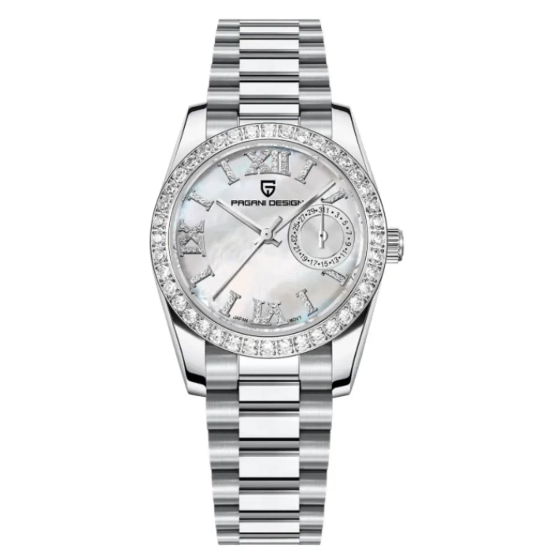 PAGANI DESIGN PD-1776 Luxury Stainless Steel Waterproof Wrist Watch for Women Diamond Bezel Sapphire Dial 32 mm - Frost White - DREAM WATCHES