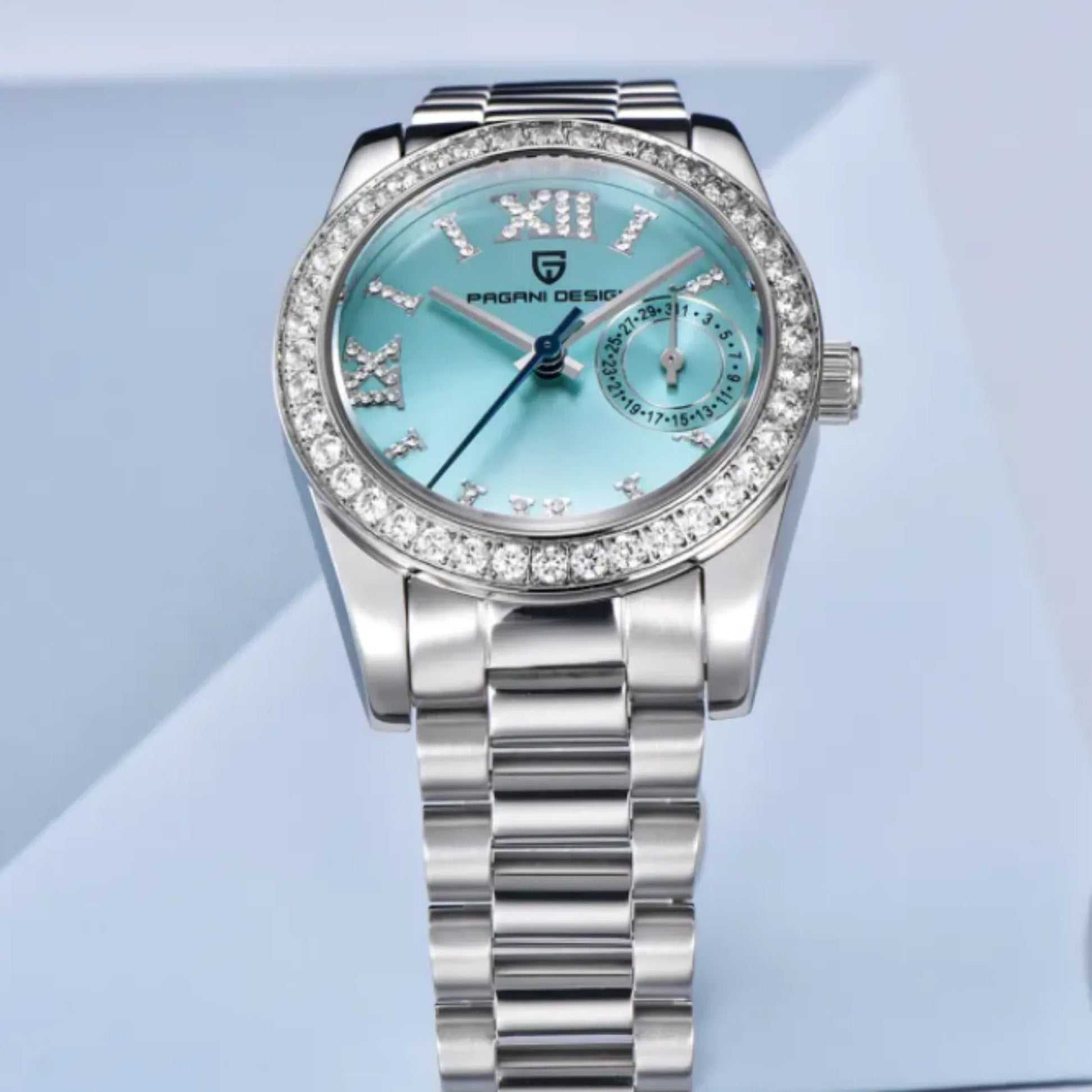 PAGANI DESIGN PD-1776 Luxury Stainless Steel Waterproof Wrist Watch for Women Diamond Bezel Sapphire Dial 32 mm - Ice Blue - DREAM WATCHES