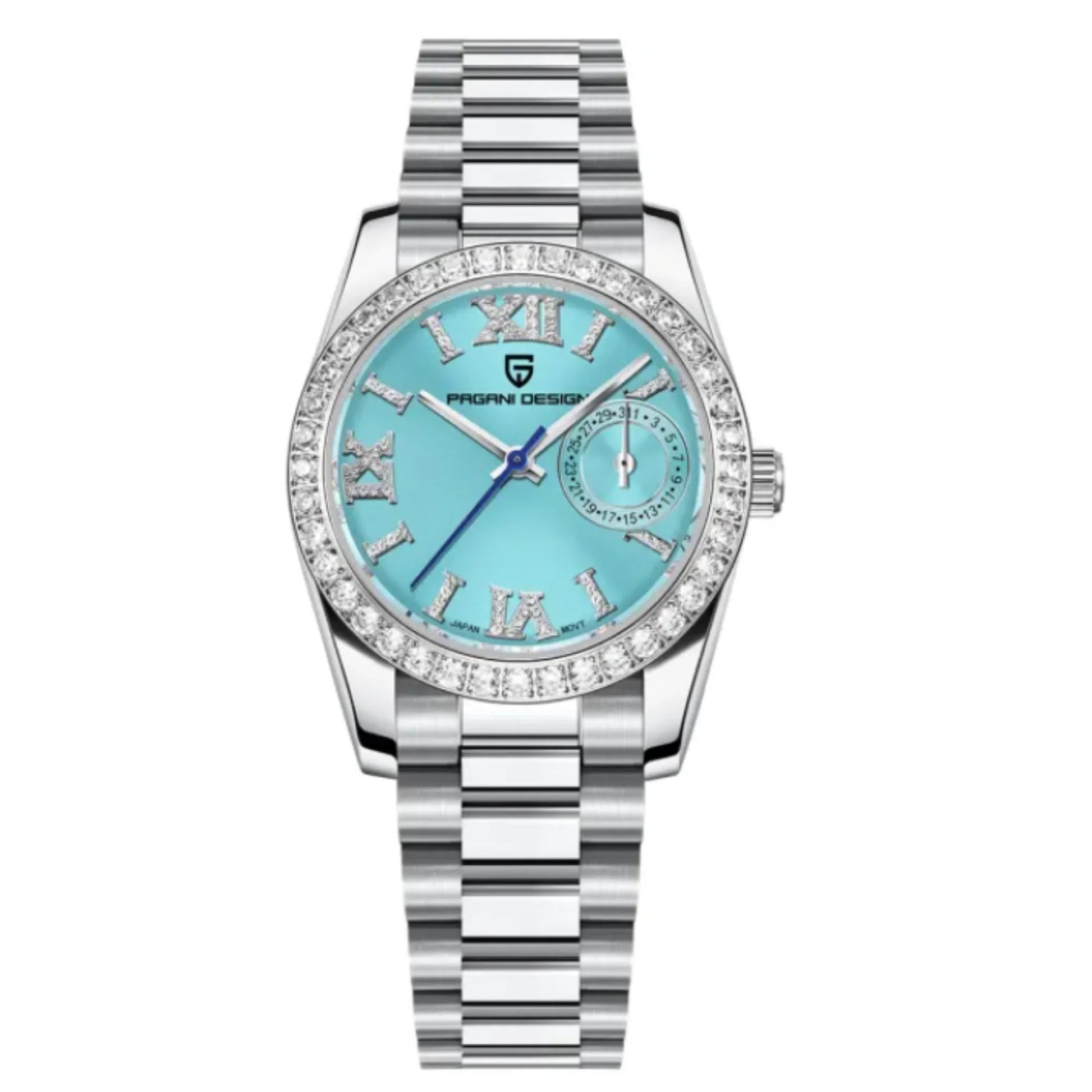 PAGANI DESIGN PD-1776 Luxury Stainless Steel Waterproof Wrist Watch for Women Diamond Bezel Sapphire Dial 32 mm - Ice Blue - DREAM WATCHES