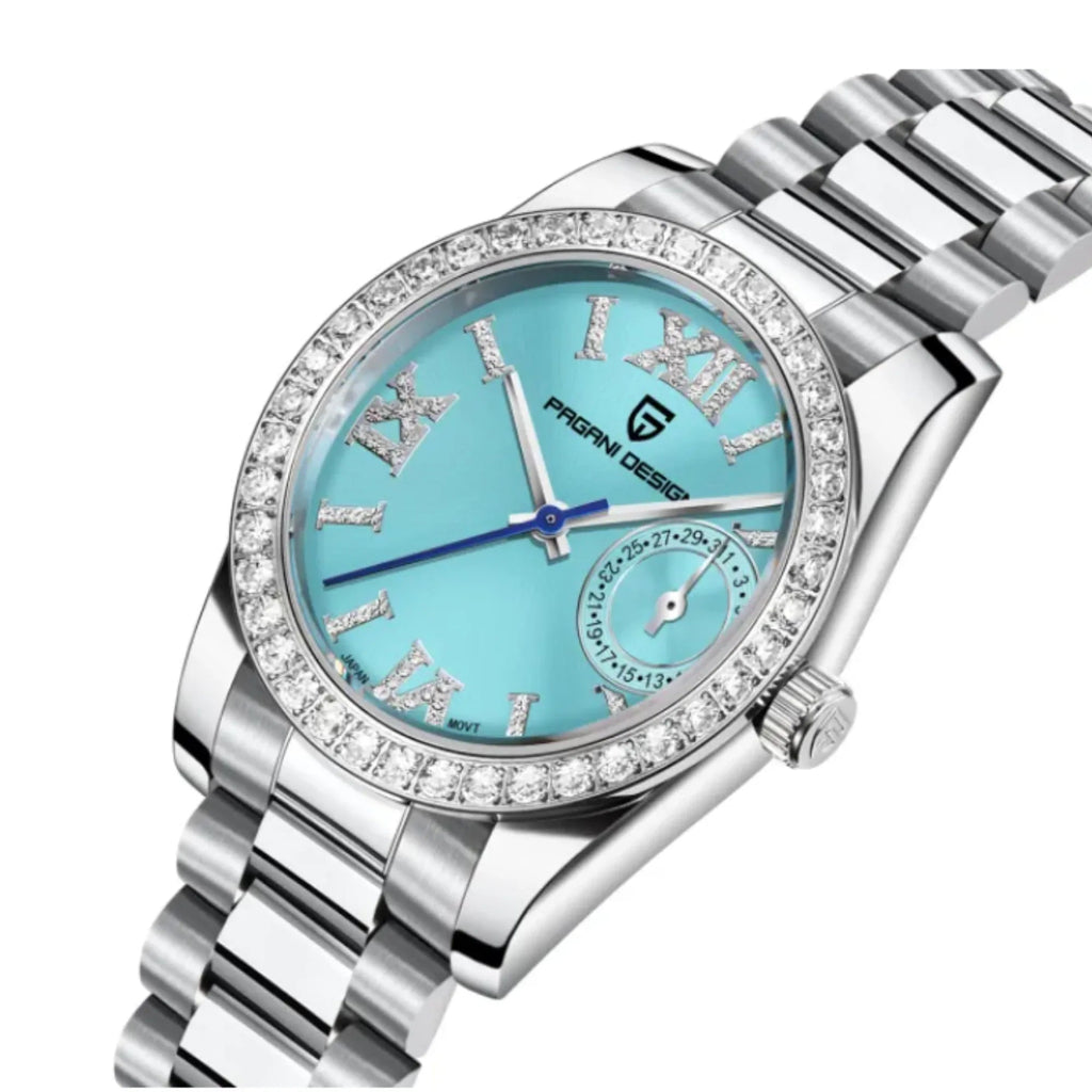 PAGANI DESIGN PD-1776 Luxury Stainless Steel Waterproof Wrist Watch for Women Diamond Bezel Sapphire Dial 32 mm - Ice Blue - DREAM WATCHES