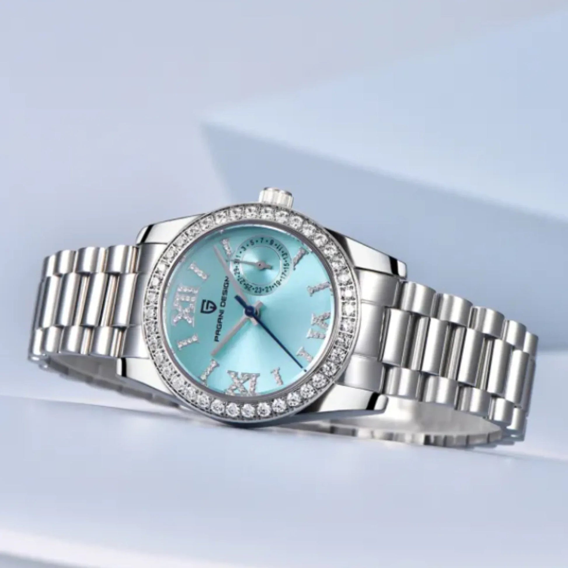 PAGANI DESIGN PD-1776 Luxury Stainless Steel Waterproof Wrist Watch for Women Diamond Bezel Sapphire Dial 32 mm - Ice Blue - DREAM WATCHES