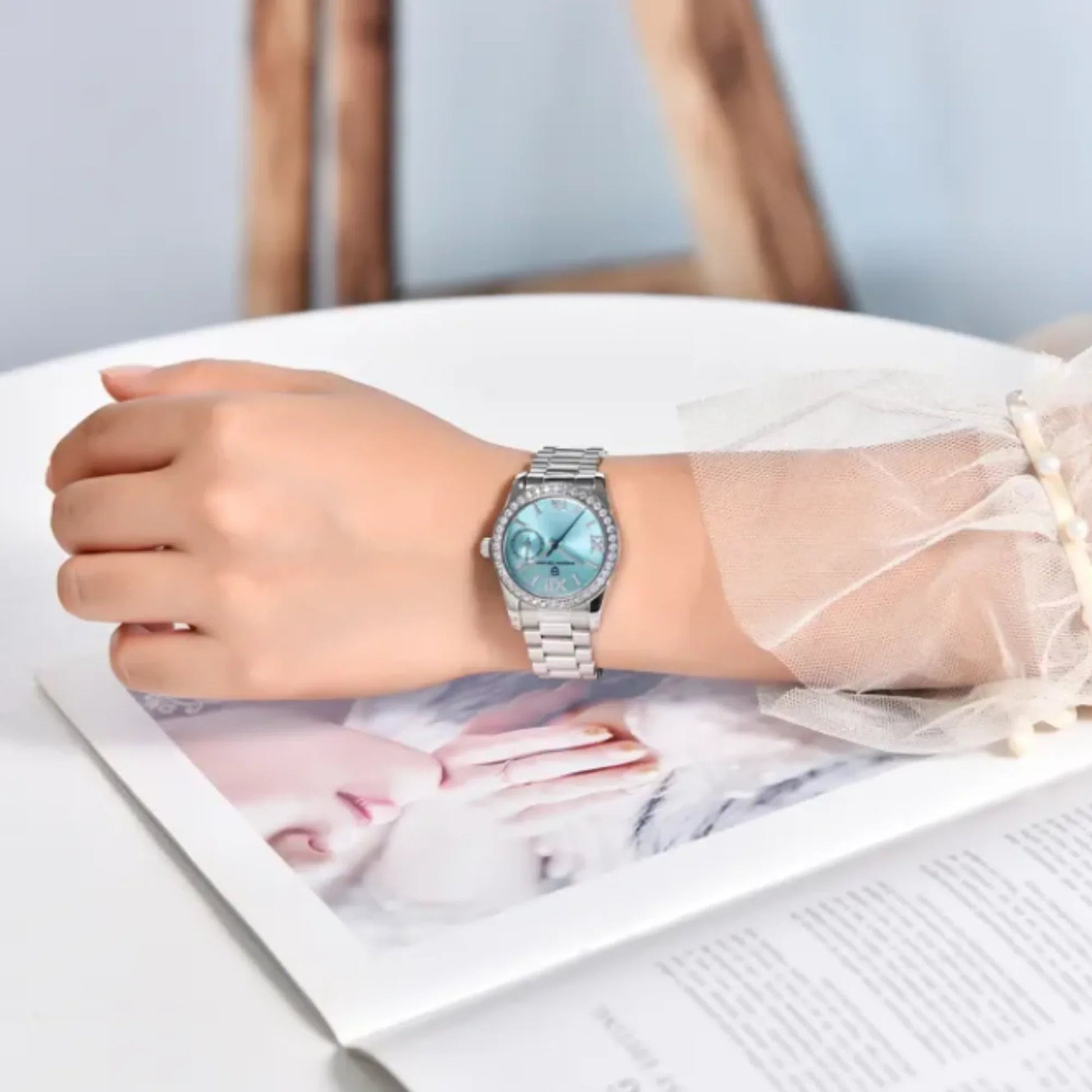 PAGANI DESIGN PD-1776 Luxury Stainless Steel Waterproof Wrist Watch for Women Diamond Bezel Sapphire Dial 32 mm - Ice Blue - DREAM WATCHES