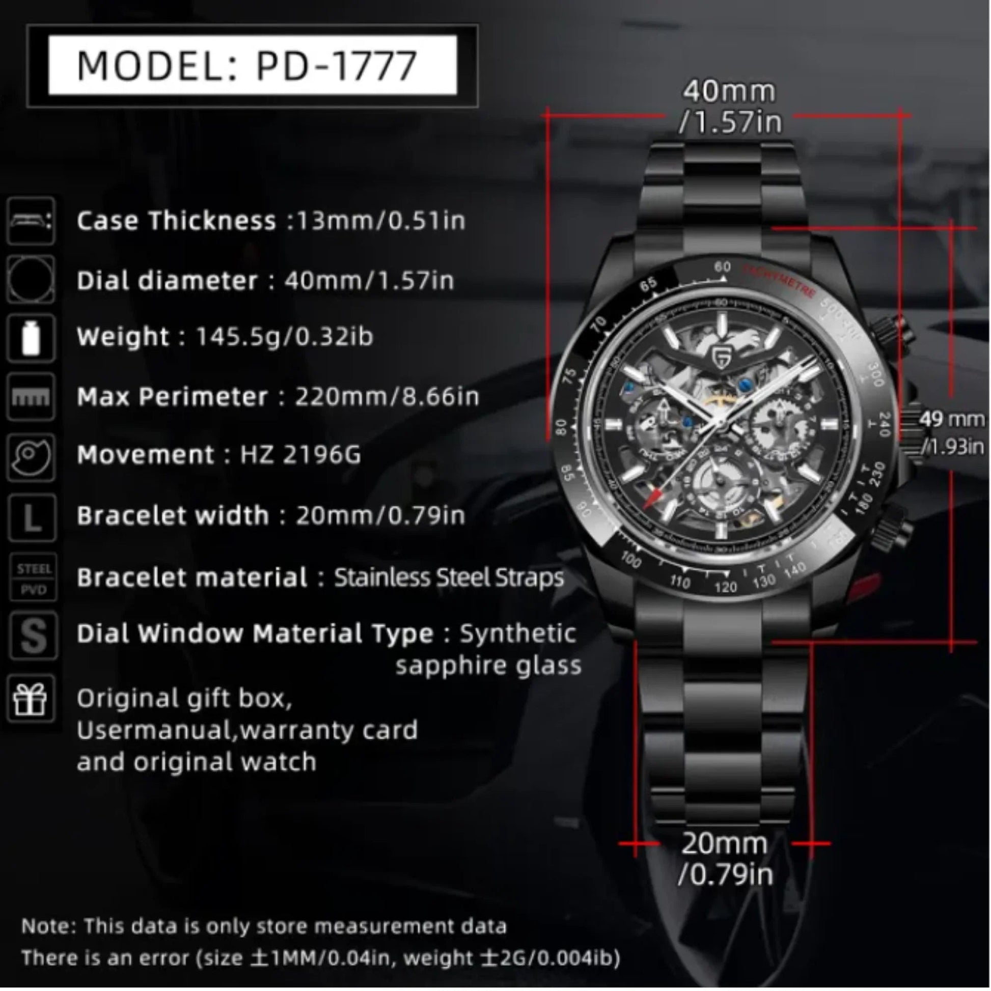 PAGANI DESIGN PD-1777 Automatic Men's Watches Stainless Steel Skeleton Watch - Black - DREAM WATCHES