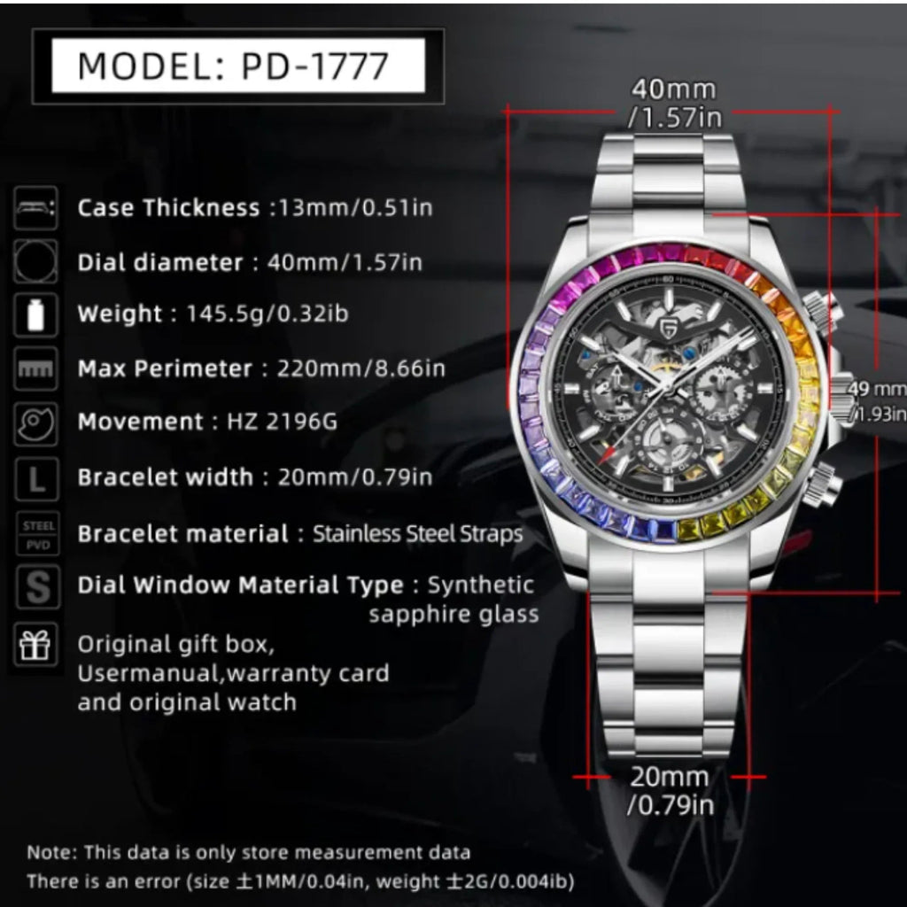 PAGANI DESIGN PD-1777 Automatic Stainless Steel Skeleton Mechanical Wrist Watch - Rainbow Bezel - DREAM WATCHES