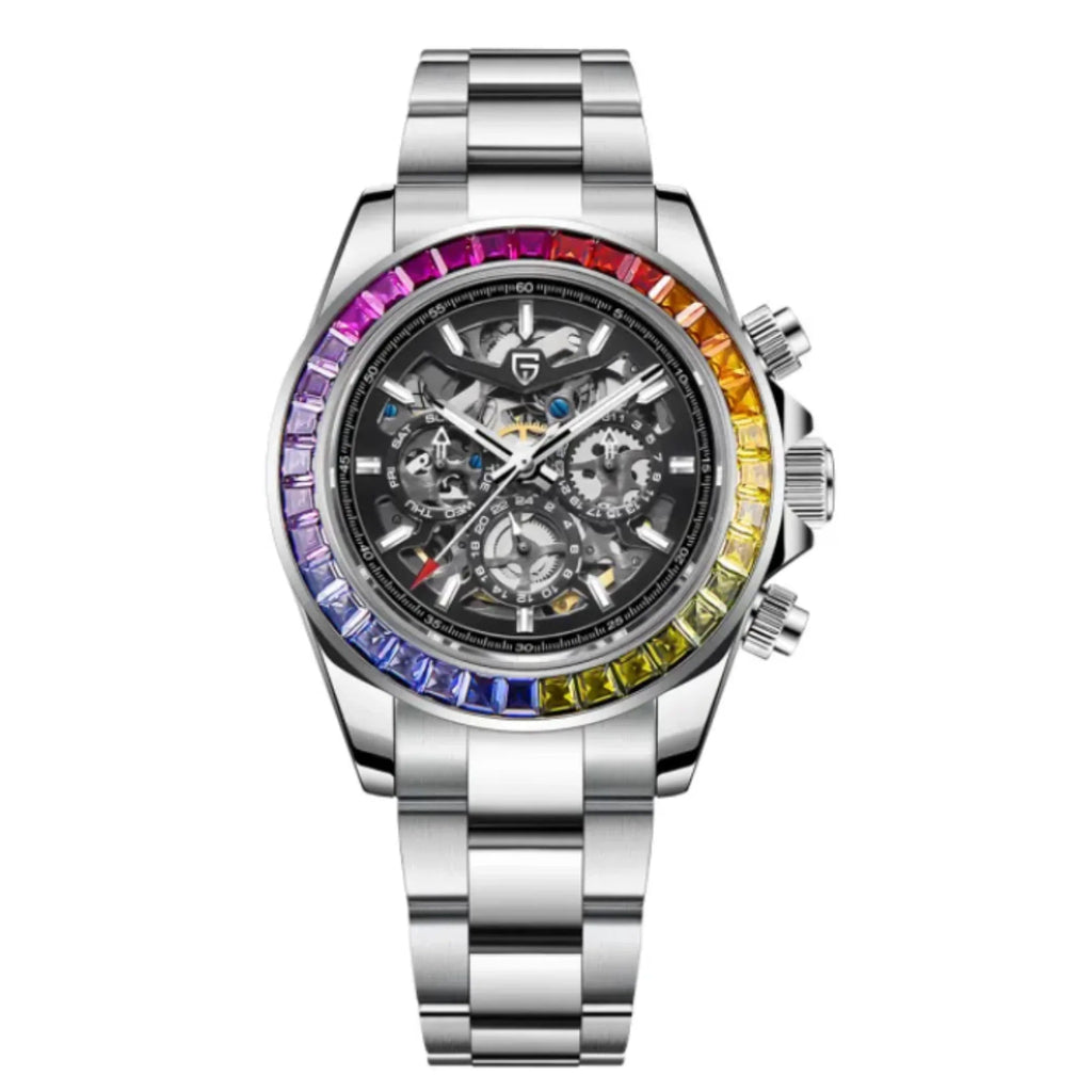 PAGANI DESIGN PD-1777 Automatic Stainless Steel Skeleton Mechanical Wrist Watch - Rainbow Bezel - DREAM WATCHES