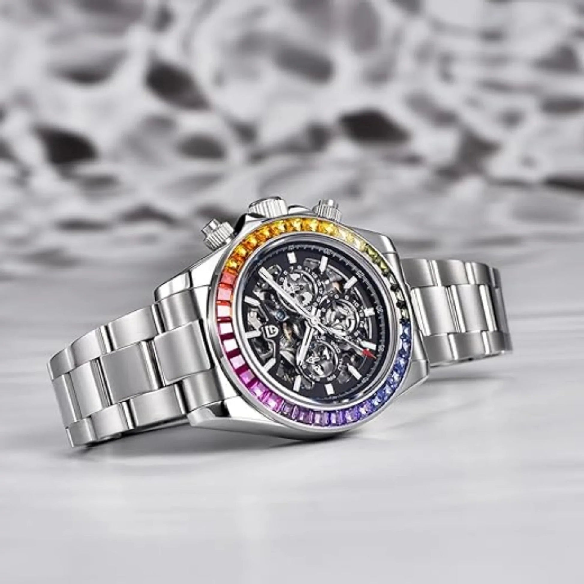 PAGANI DESIGN PD-1777 Automatic Stainless Steel Skeleton Mechanical Wrist Watch - Rainbow Bezel - DREAM WATCHES