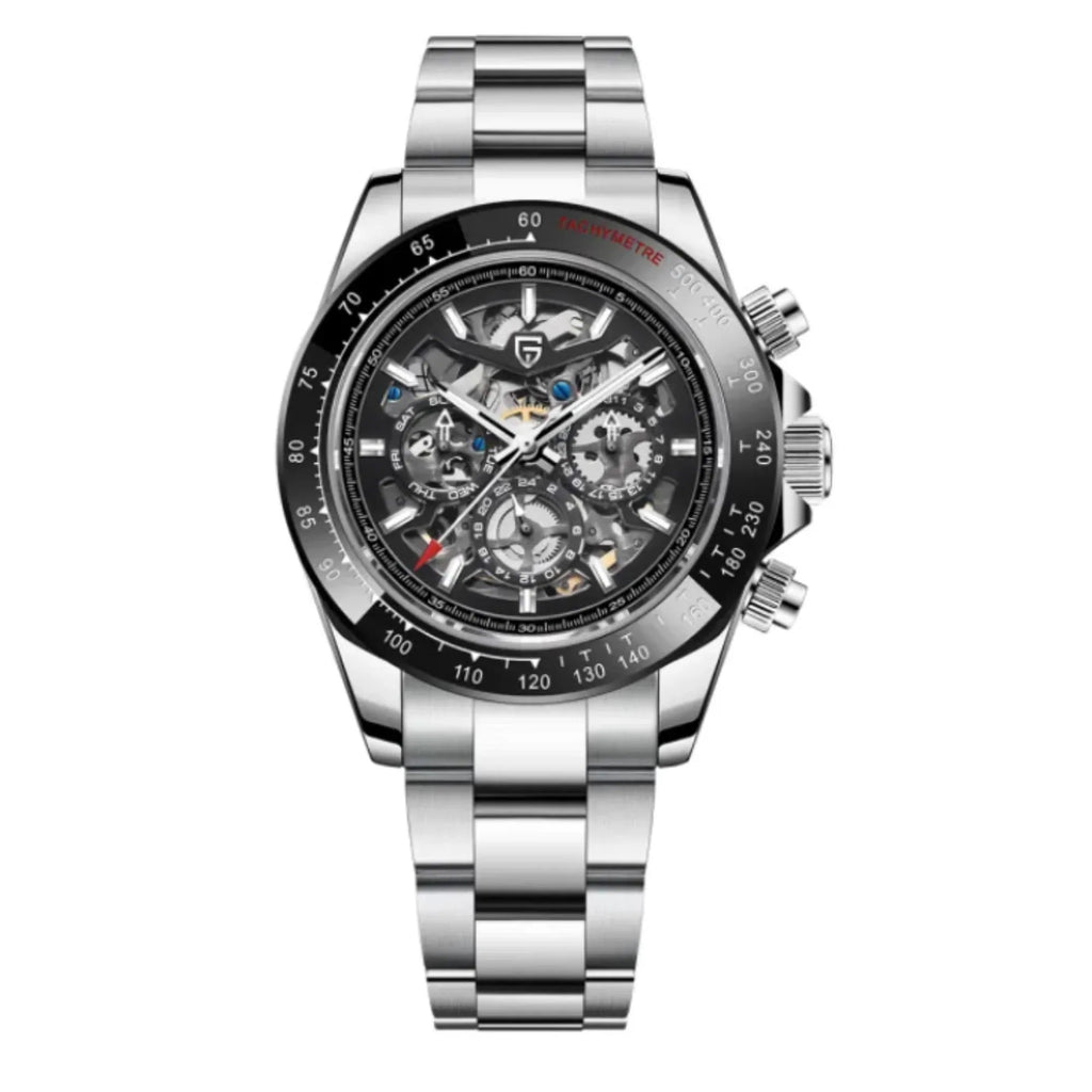 PAGANI DESIGN PD-1777 Automatic Stainless Steel Skeleton Mechanical Wrist Watch - Silver Black - DREAM WATCHES