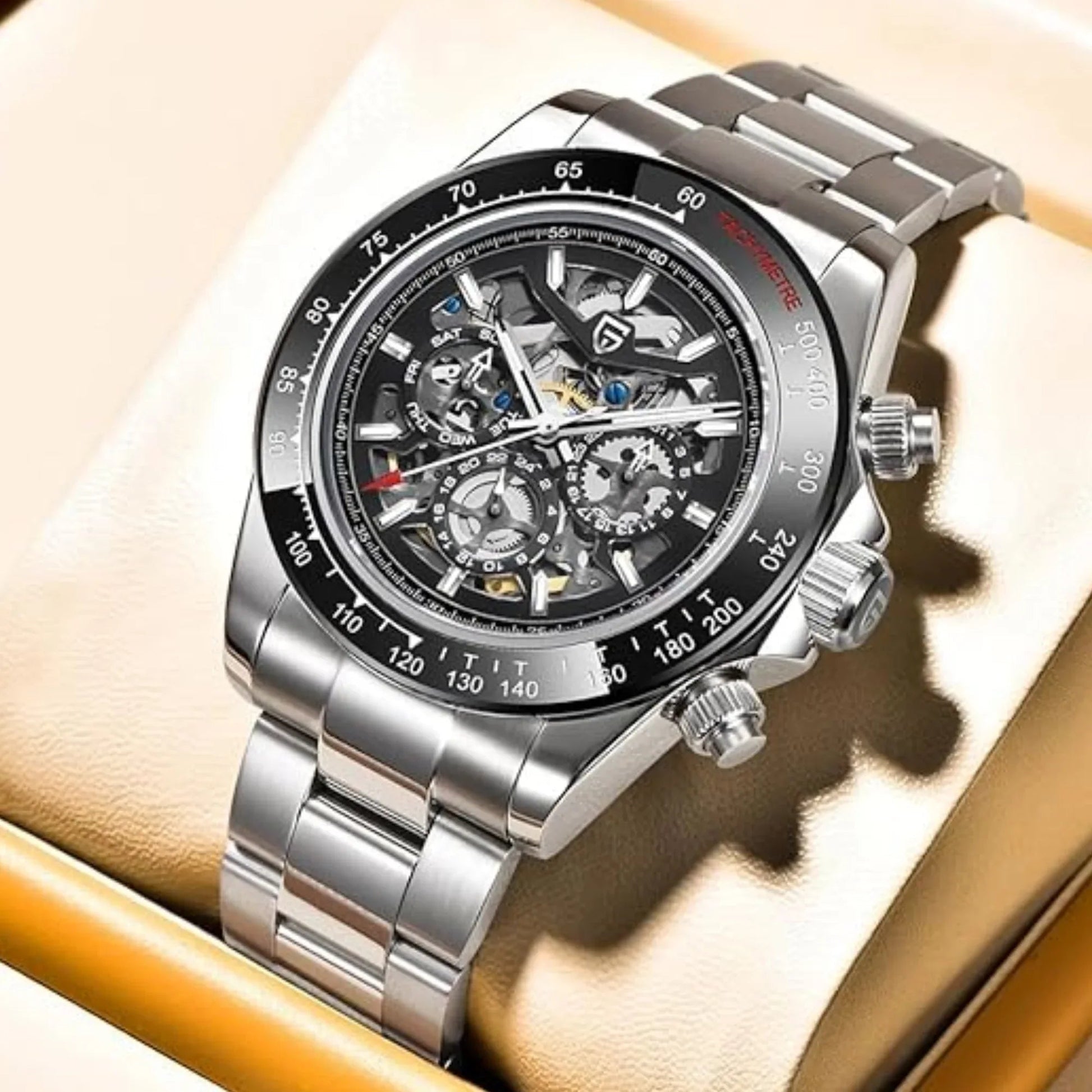 PAGANI DESIGN PD-1777 Automatic Stainless Steel Skeleton Mechanical Wrist Watch - Silver Black - DREAM WATCHES