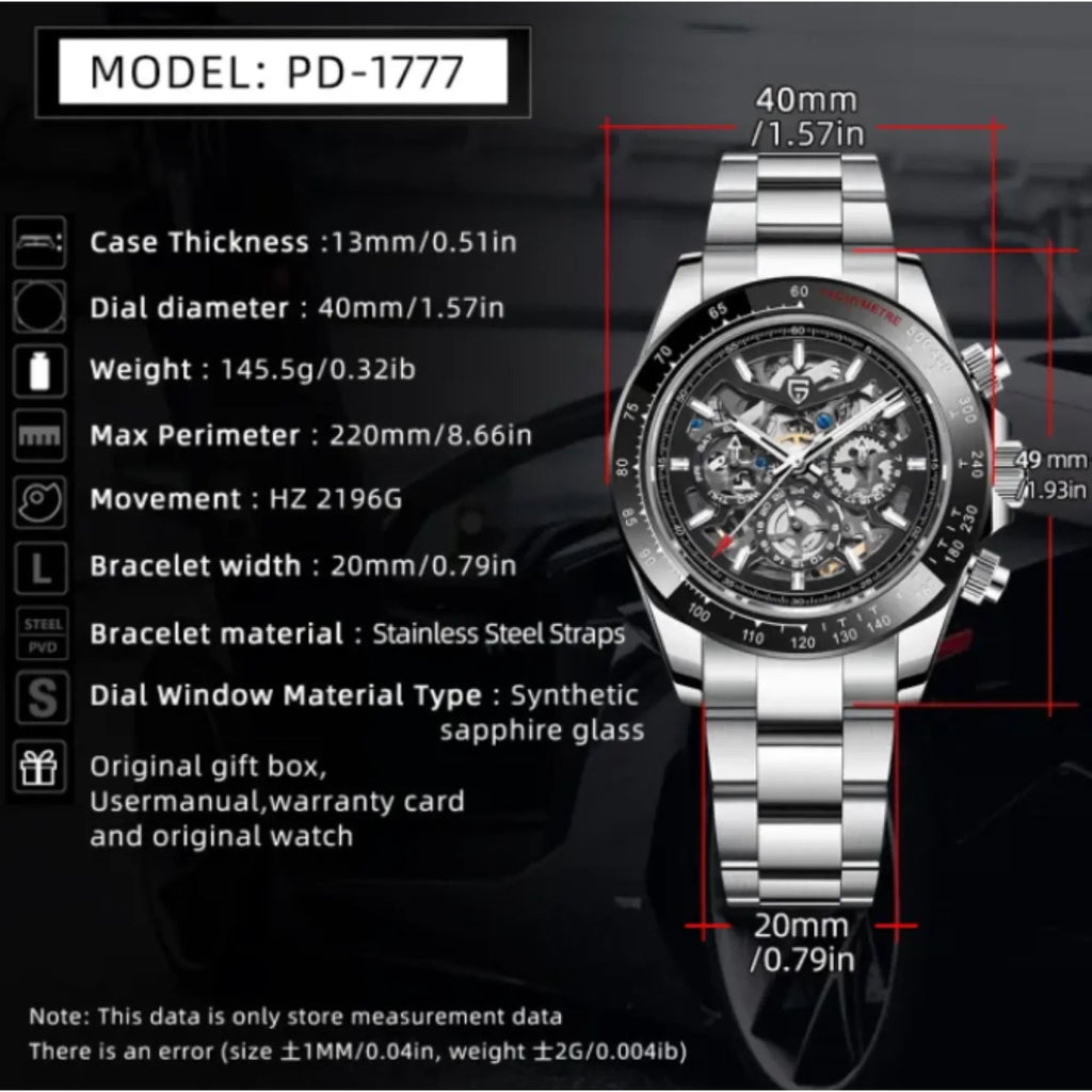 PAGANI DESIGN PD-1777 Automatic Stainless Steel Skeleton Mechanical Wrist Watch - Silver Black - DREAM WATCHES