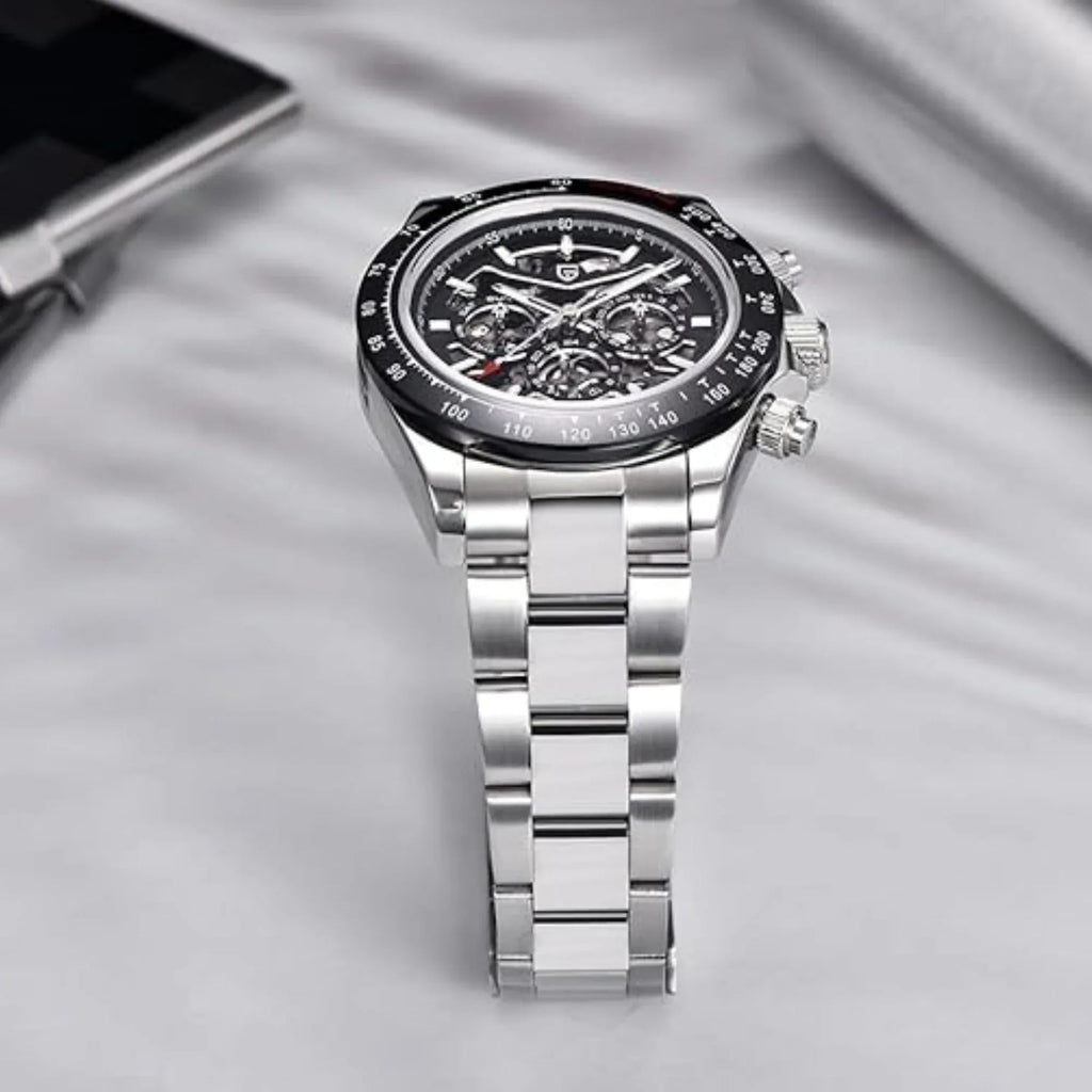 PAGANI DESIGN PD-1777 Automatic Stainless Steel Skeleton Mechanical Wrist Watch - Silver Black - DREAM WATCHES
