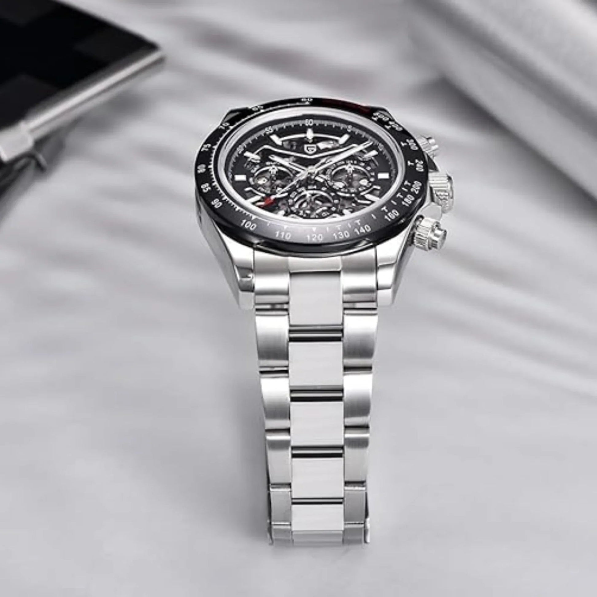 PAGANI DESIGN PD-1777 Automatic Stainless Steel Skeleton Mechanical Wrist Watch - Silver Black - DREAM WATCHES
