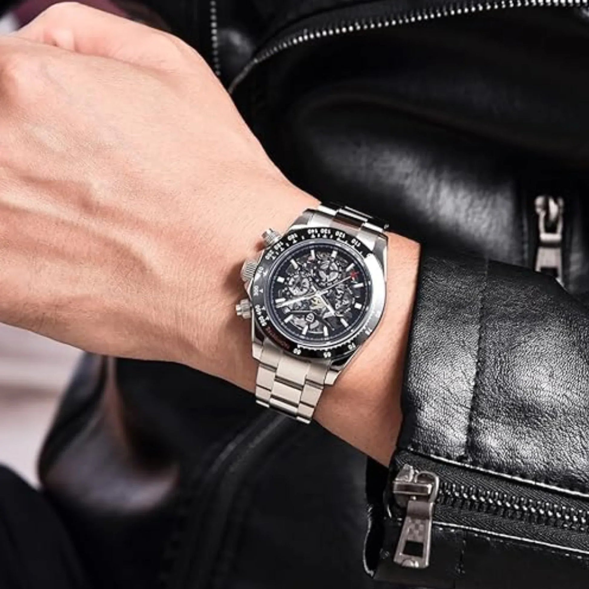 PAGANI DESIGN PD-1777 Automatic Stainless Steel Skeleton Mechanical Wrist Watch - Silver Black - DREAM WATCHES