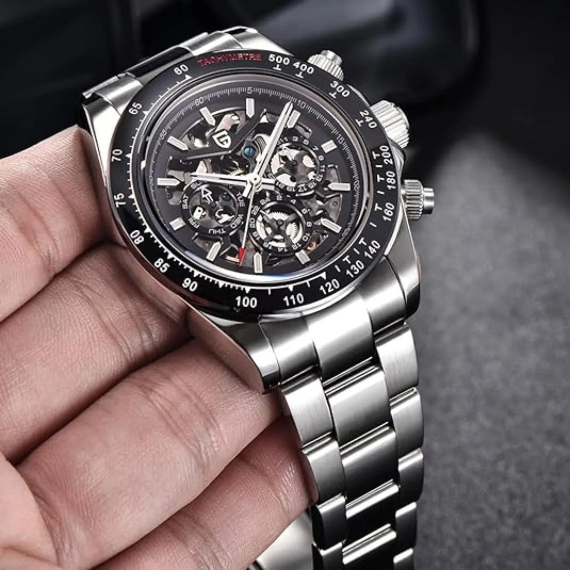 PAGANI DESIGN PD-1777 Automatic Stainless Steel Skeleton Mechanical Wrist Watch - Silver Black - DREAM WATCHES