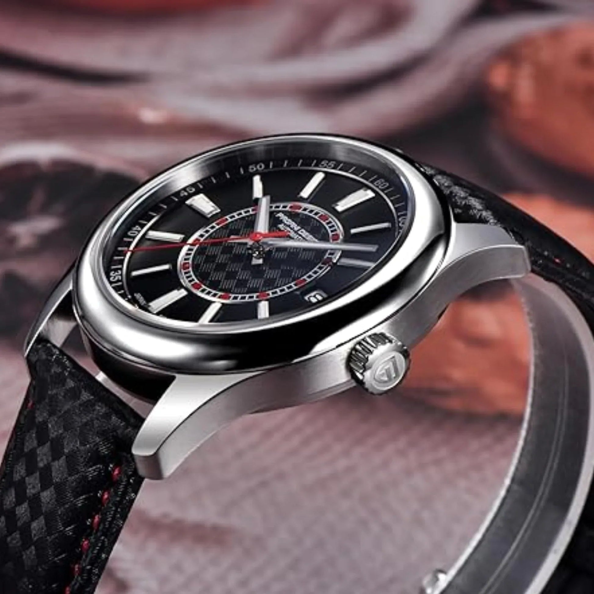 Pagani Design PD-1778 40 mm with Seiko NH35 Automatic Movement Sapphire Crystal Glass Braided With Leather Strap- Black Dial Red accents - DREAM WATCHES