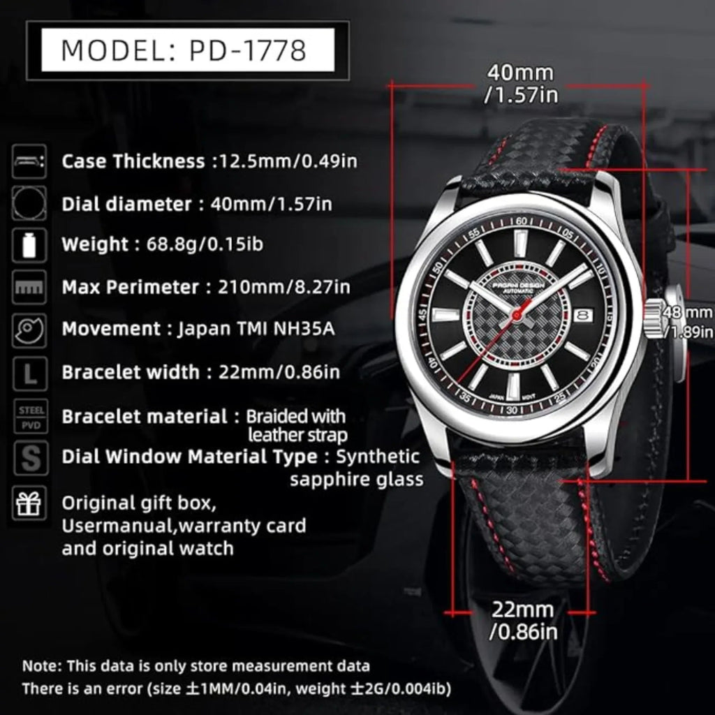 Pagani Design PD-1778 40 mm with Seiko NH35 Automatic Movement Sapphire Crystal Glass Braided With Leather Strap- Black Dial Red accents - DREAM WATCHES