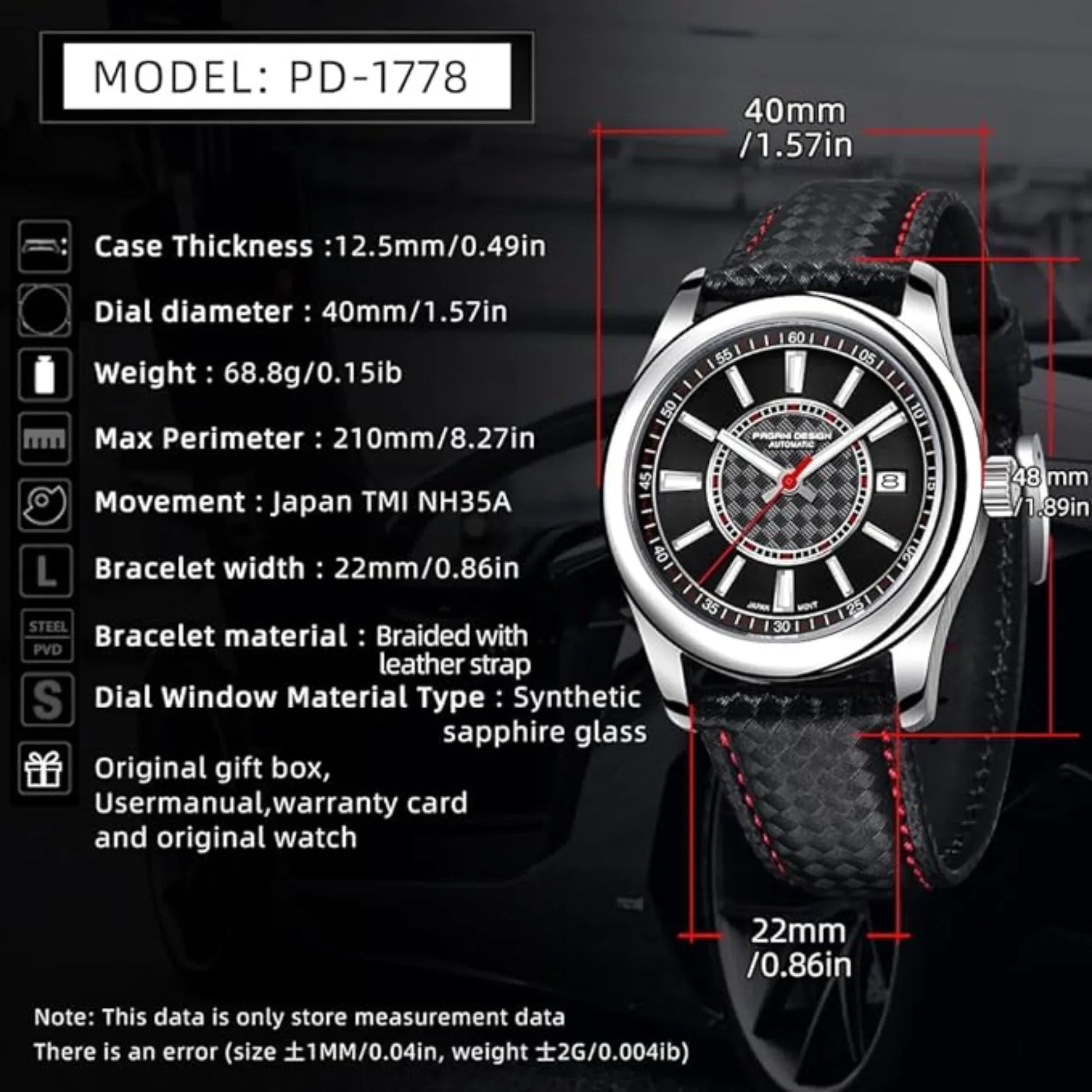 Pagani Design PD-1778 40 mm with Seiko NH35 Automatic Movement Sapphire Crystal Glass Braided With Leather Strap- Black Dial Red accents - DREAM WATCHES