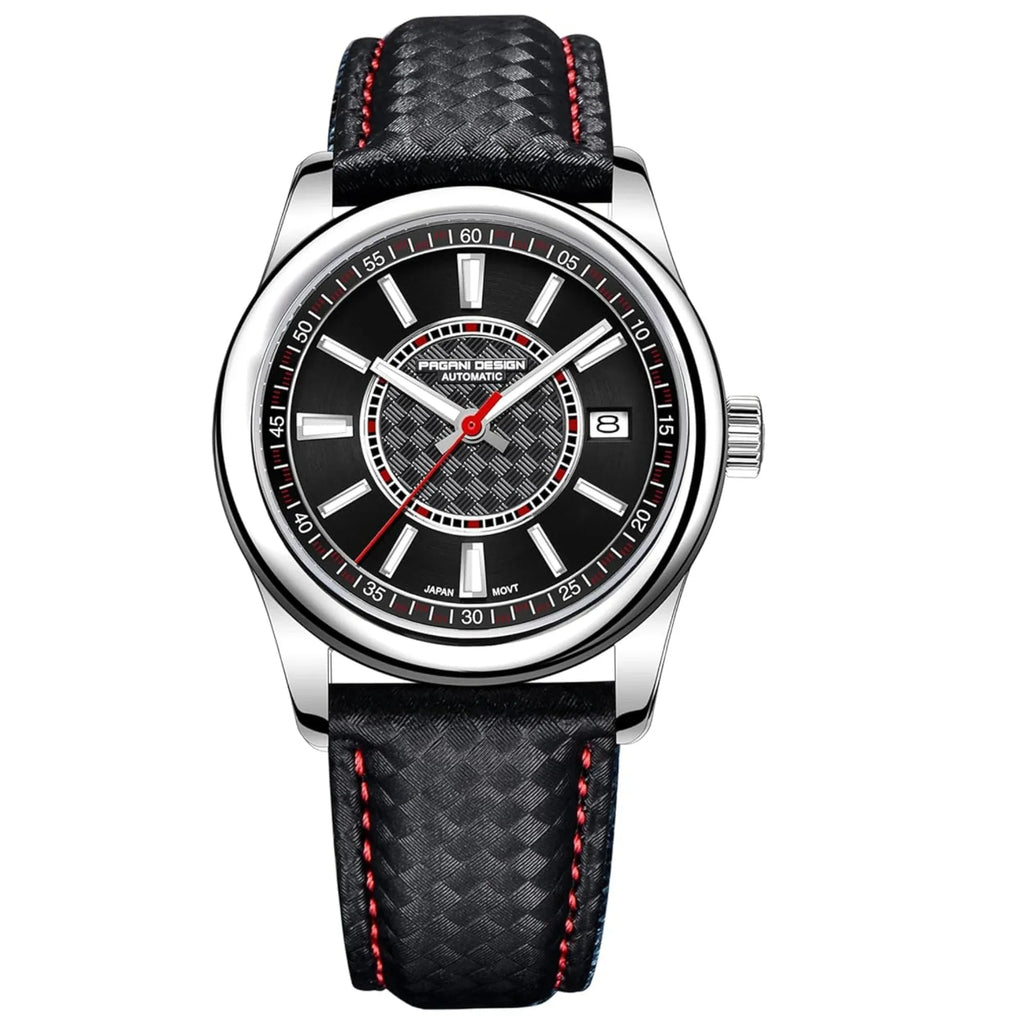 Pagani Design PD-1778 40 mm with Seiko NH35 Automatic Movement Sapphire Crystal Glass Braided With Leather Strap- Black Dial Red accents - DREAM WATCHES