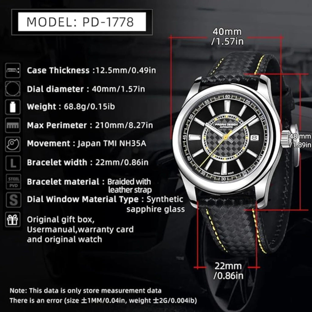 Pagani Design PD-1778 40 MM with Seiko NH35 Automatic Movement Sapphire Crystal Glass Braided With Leather Strap- Black Dial Yellow accents - DREAM WATCHES