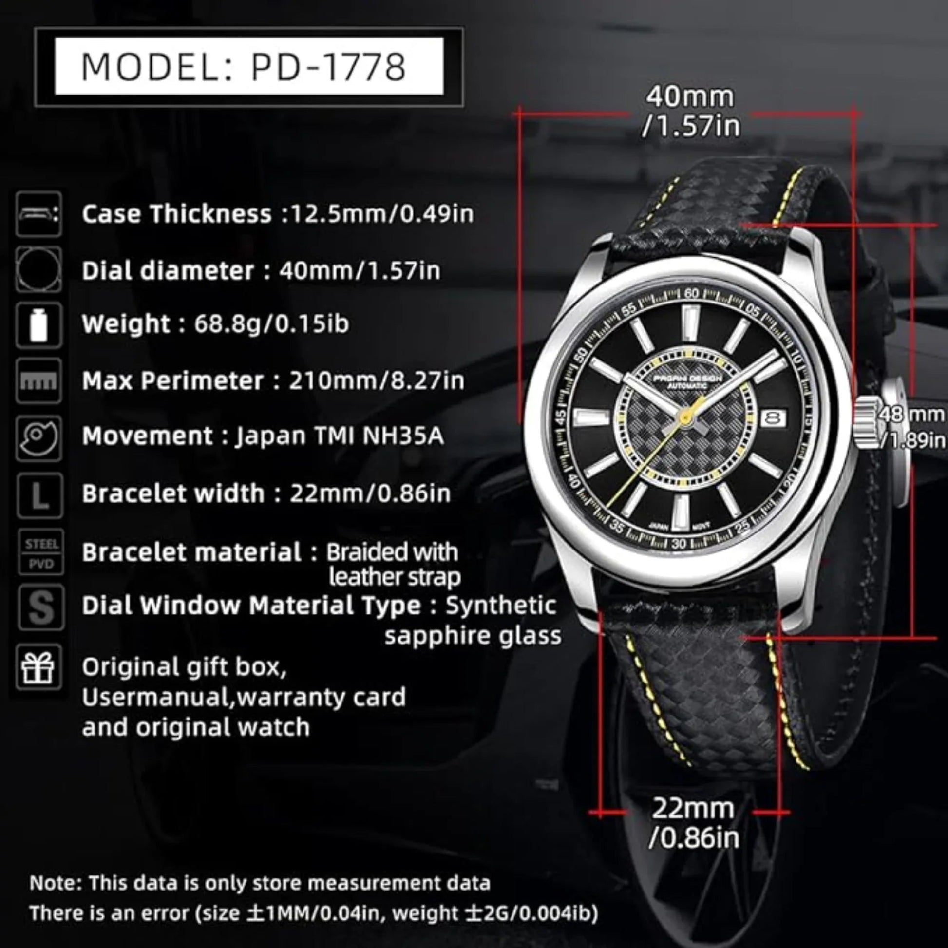 Pagani Design PD-1778 40 MM with Seiko NH35 Automatic Movement Sapphire Crystal Glass Braided With Leather Strap- Black Dial Yellow accents - DREAM WATCHES
