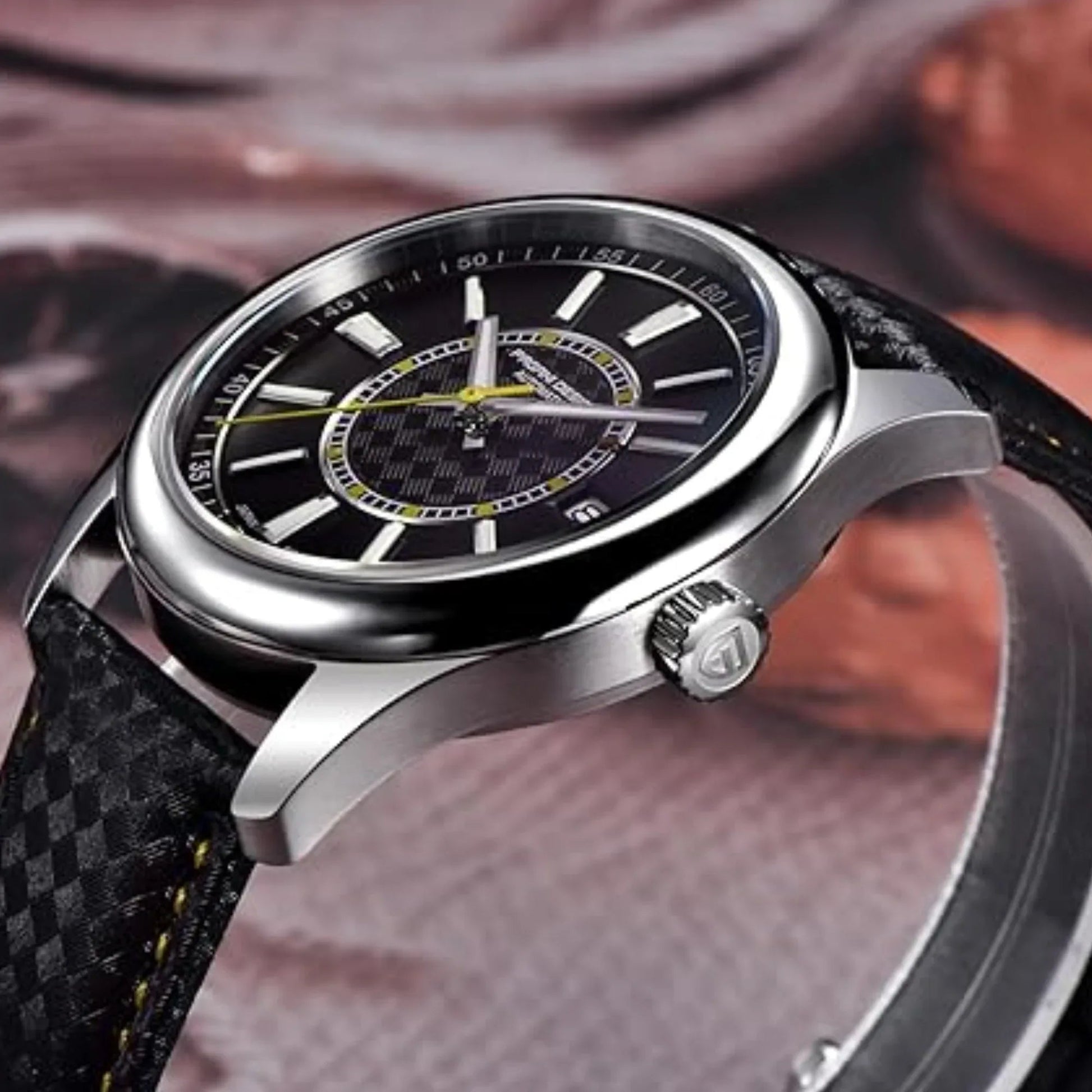 Pagani Design PD-1778 40 MM with Seiko NH35 Automatic Movement Sapphire Crystal Glass Braided With Leather Strap- Black Dial Yellow accents - DREAM WATCHES