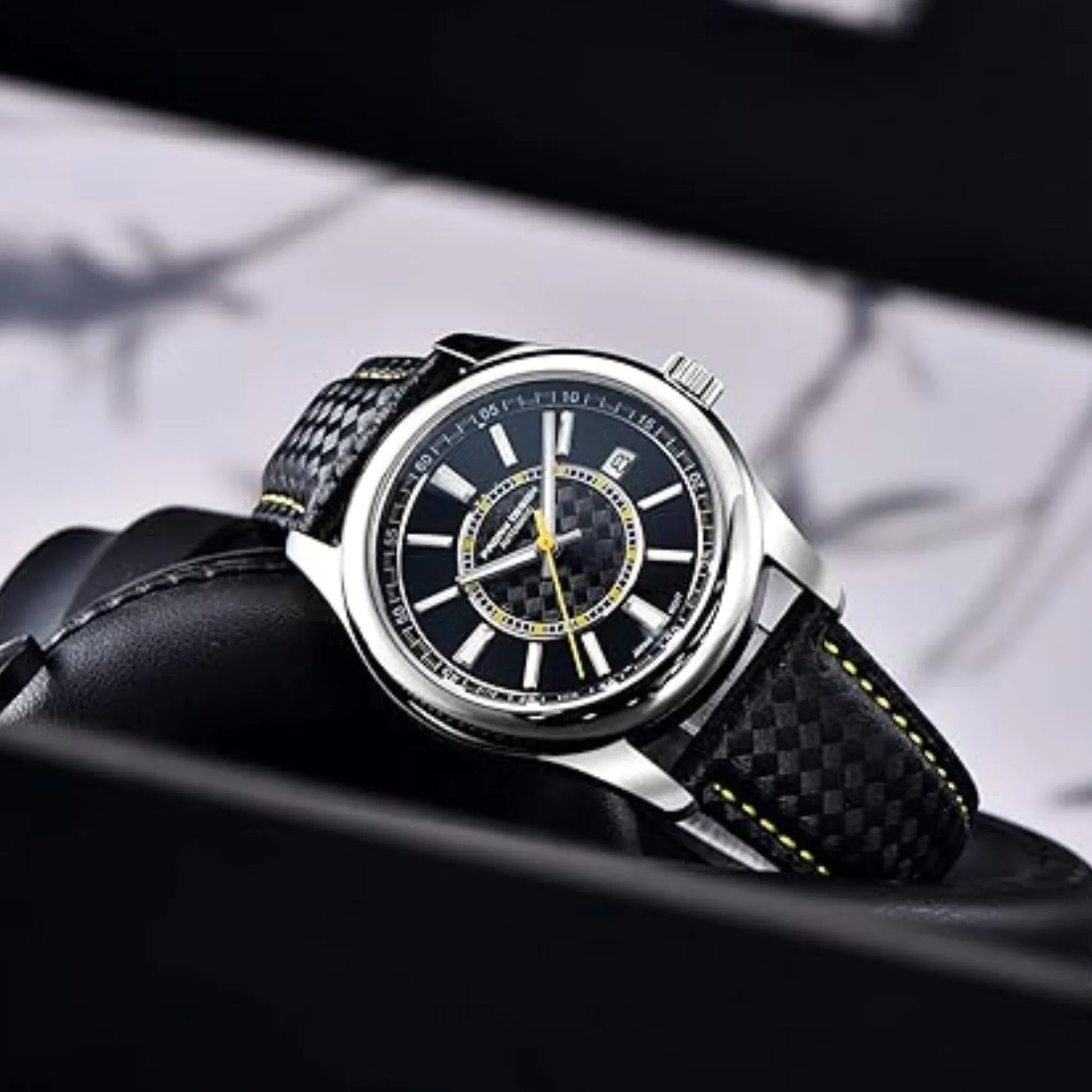 Pagani Design PD-1778 40 MM with Seiko NH35 Automatic Movement Sapphire Crystal Glass Braided With Leather Strap- Black Dial Yellow accents - DREAM WATCHES