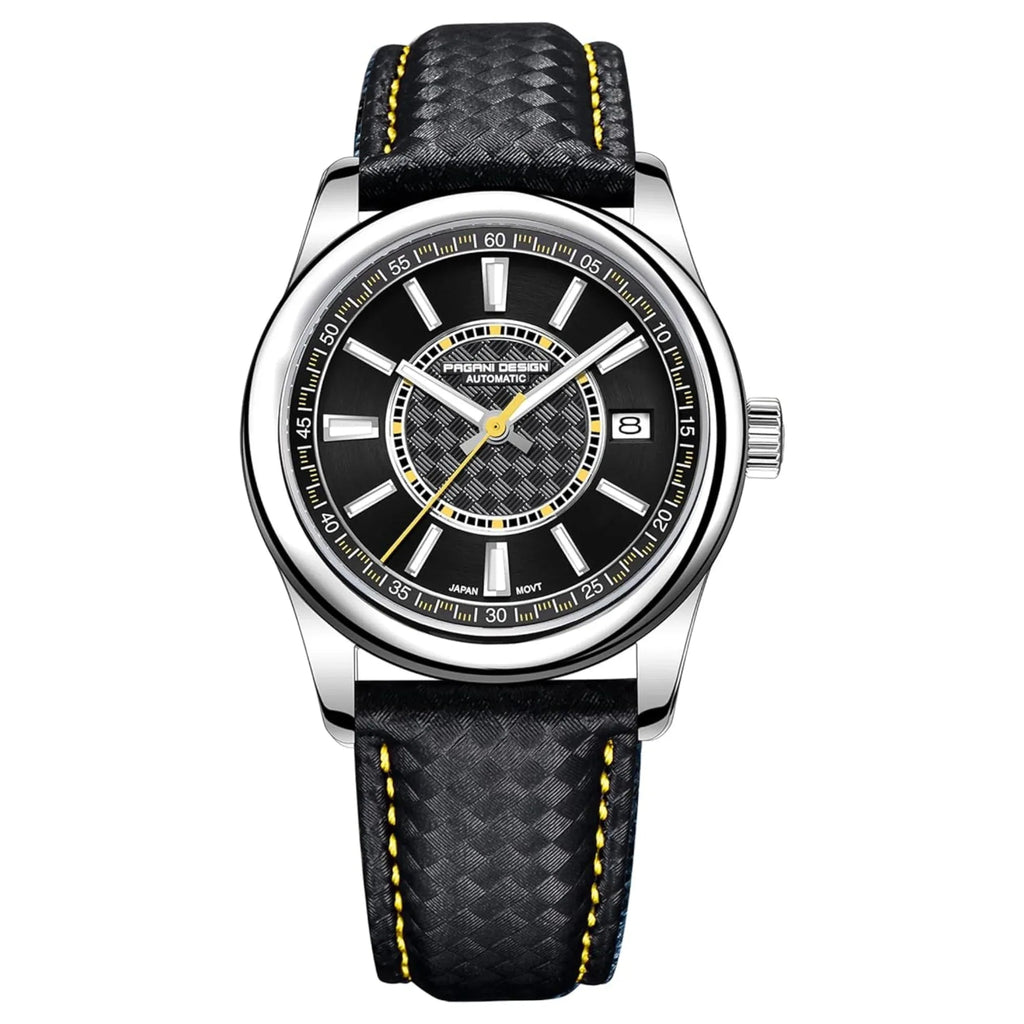 Pagani Design PD-1778 40 MM with Seiko NH35 Automatic Movement Sapphire Crystal Glass Braided With Leather Strap- Black Dial Yellow accents - DREAM WATCHES