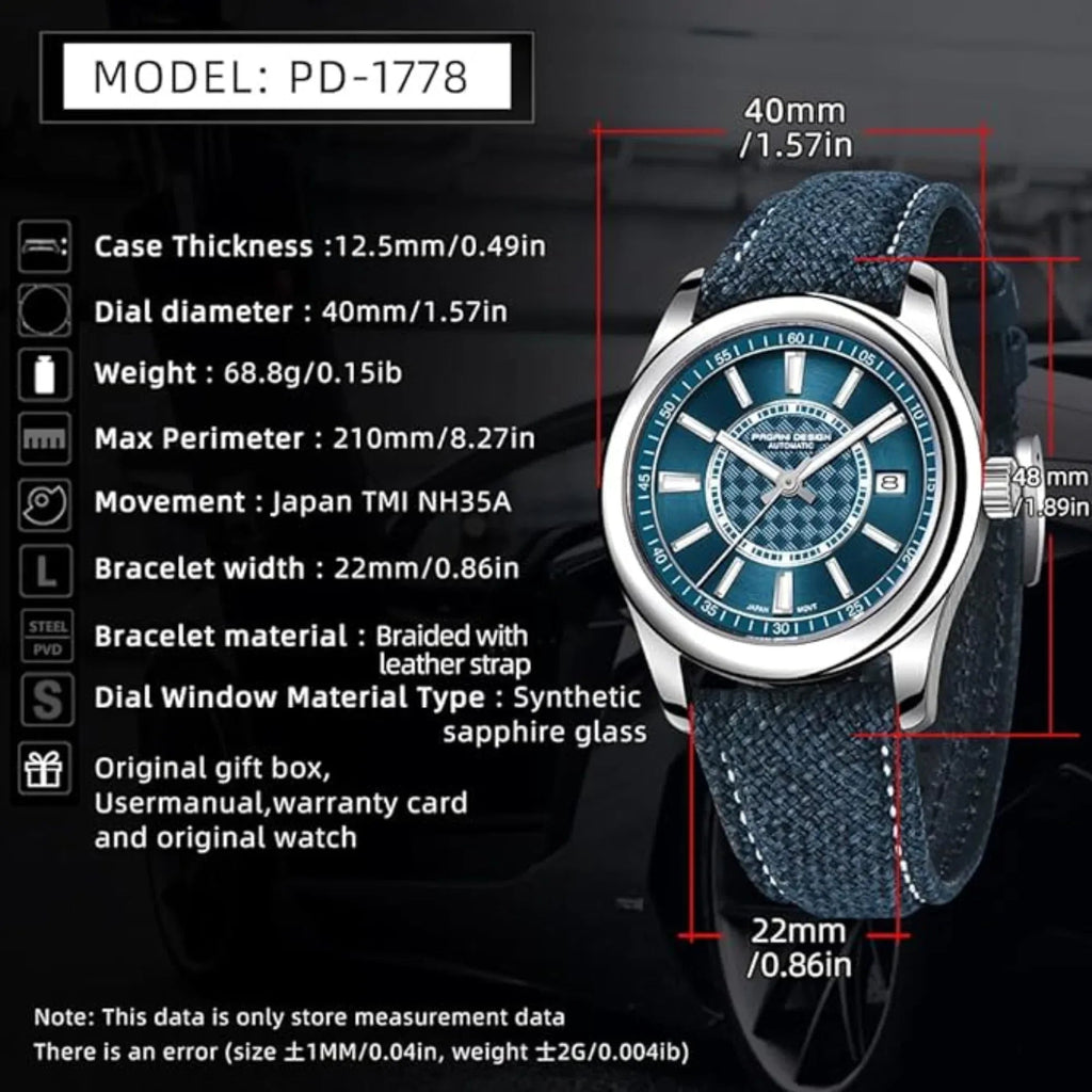 Pagani Design PD-1778 with Seiko NH35 Automatic Movemennt 40MM Sapphire Crystal Glass Braided With Leather Strap - Turquoise Blue - DREAM WATCHES