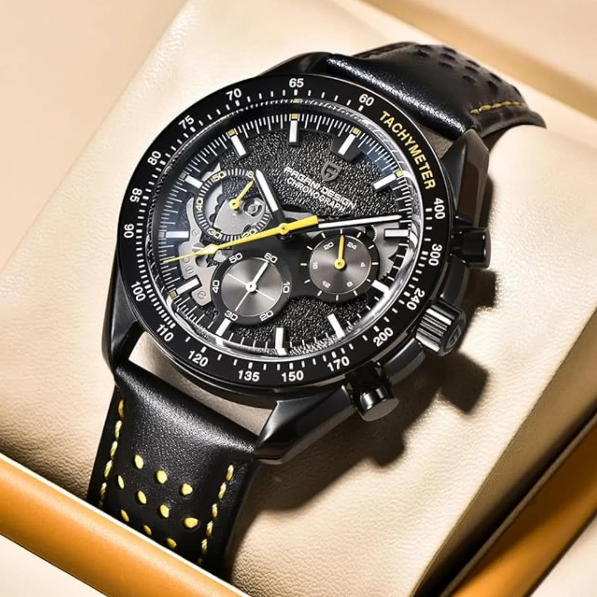 Pagani Design PD-1779 Moon Back Men's Watches Luxury Quartz Watch Men Skeleton Sport Chronograph AR Sapphire Glass Wrist Watch - Yellow - DREAM WATCHES
