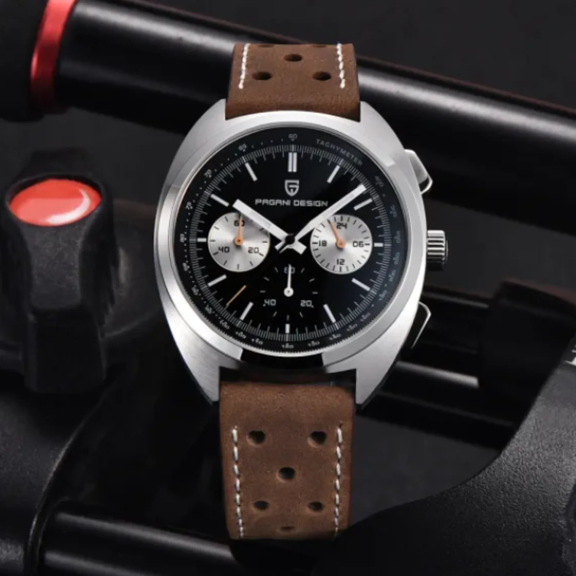 PAGANI DESIGN PD-1782 Men's Quartz Watches Chronograph Stainless Steel 40mm Sports Wrist Watch for Men - Black Dial With Brown Leather Strap - DREAM WATCHES