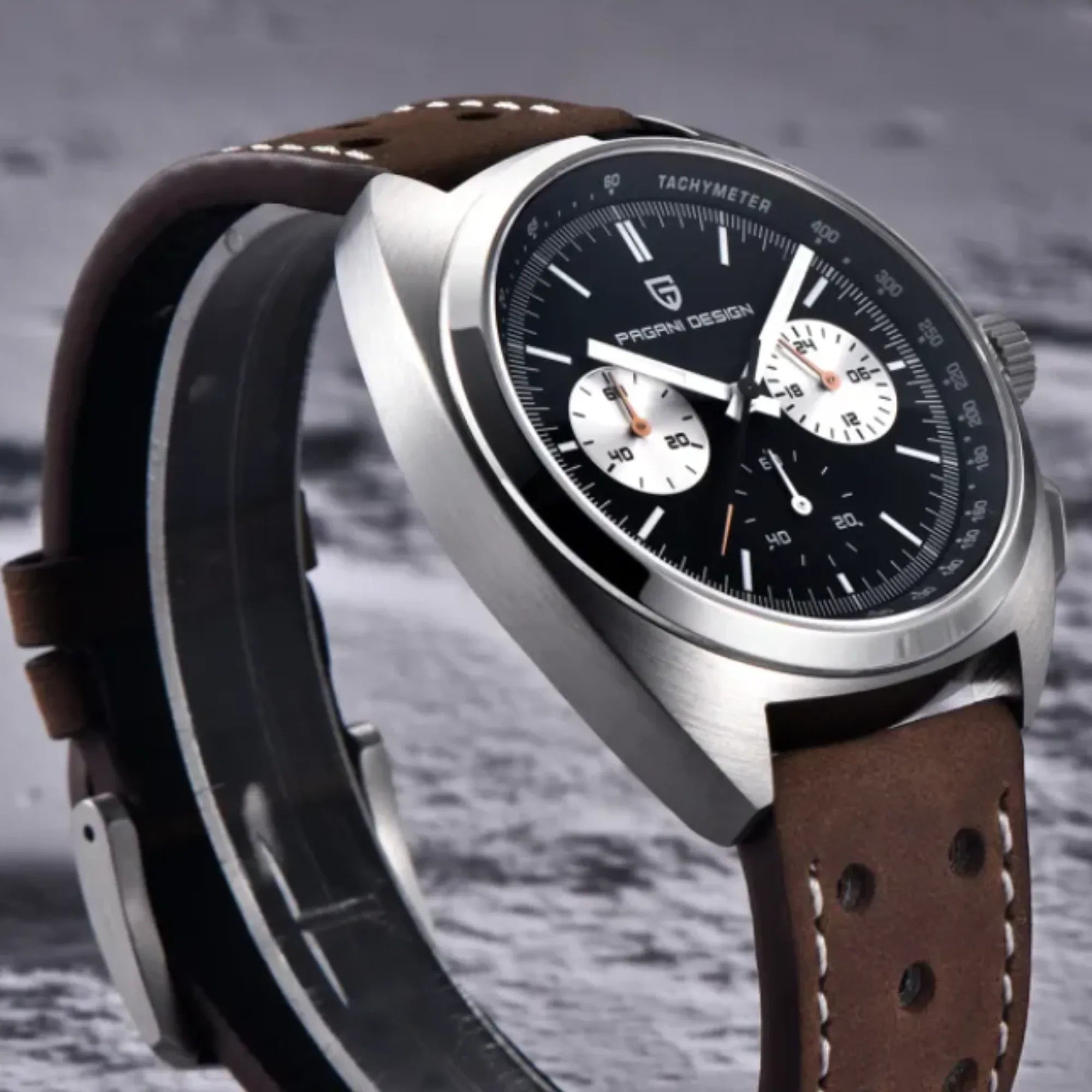 PAGANI DESIGN PD-1782 Men's Quartz Watches Chronograph Stainless Steel 40mm Sports Wrist Watch for Men - Black Dial With Brown Leather Strap - DREAM WATCHES