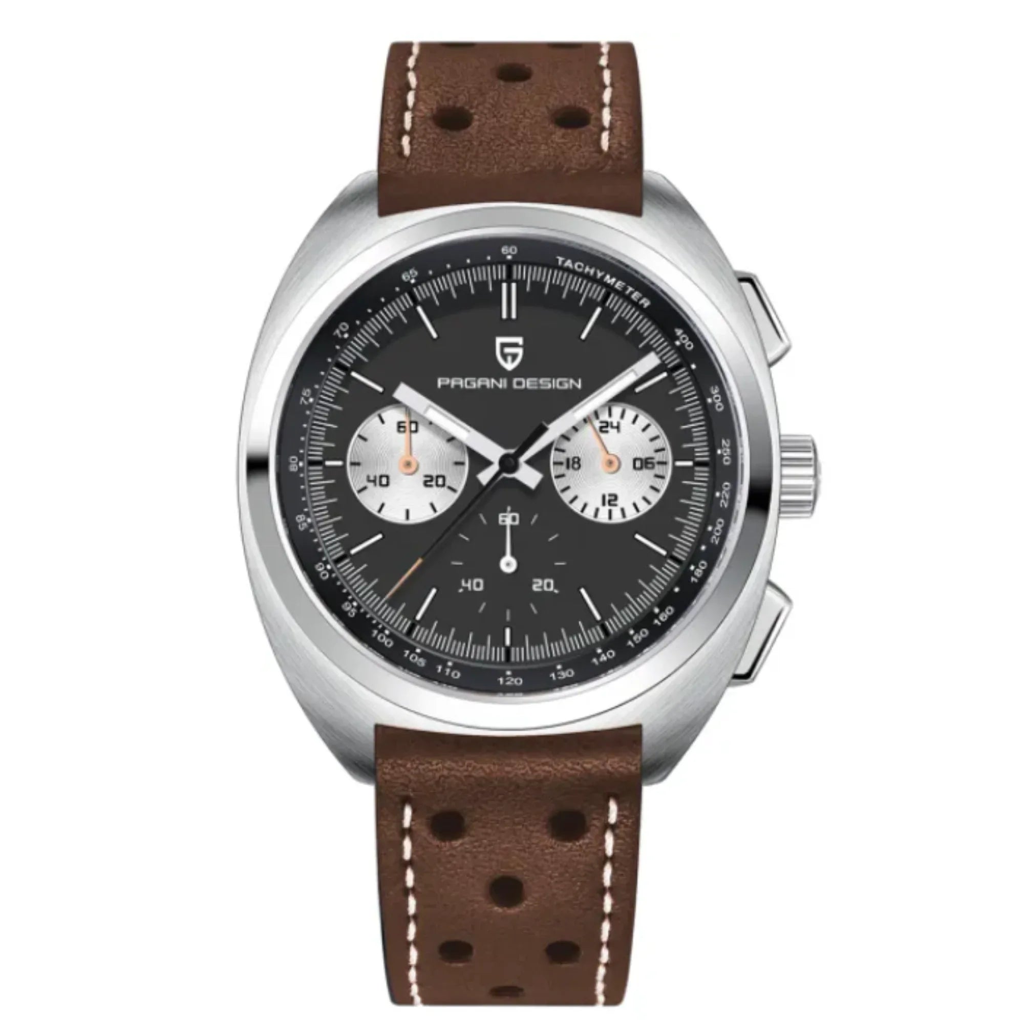 PAGANI DESIGN PD-1782 Men's Quartz Watches Chronograph Stainless Steel 40mm Sports Wrist Watch for Men - Black Dial With Brown Leather Strap - DREAM WATCHES