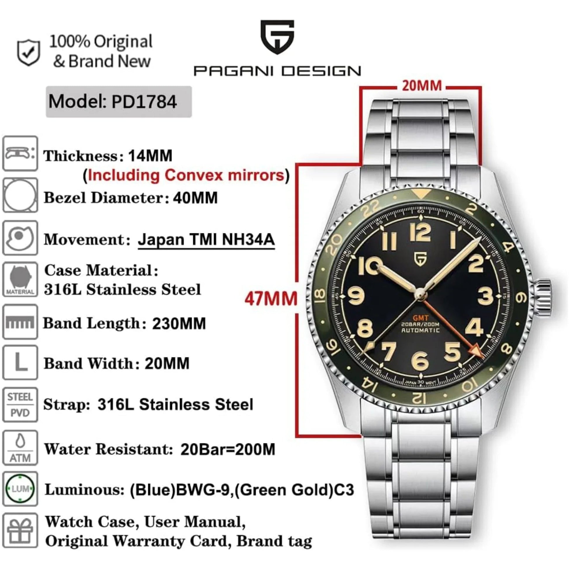 Pagani Design PD-1784 Men's Automatic Mechanical Watch NH34 Japanese Movement GMT Stainless Steel 200M Waterproof Business Watch 40mm - Green Dial - DREAM WATCHES