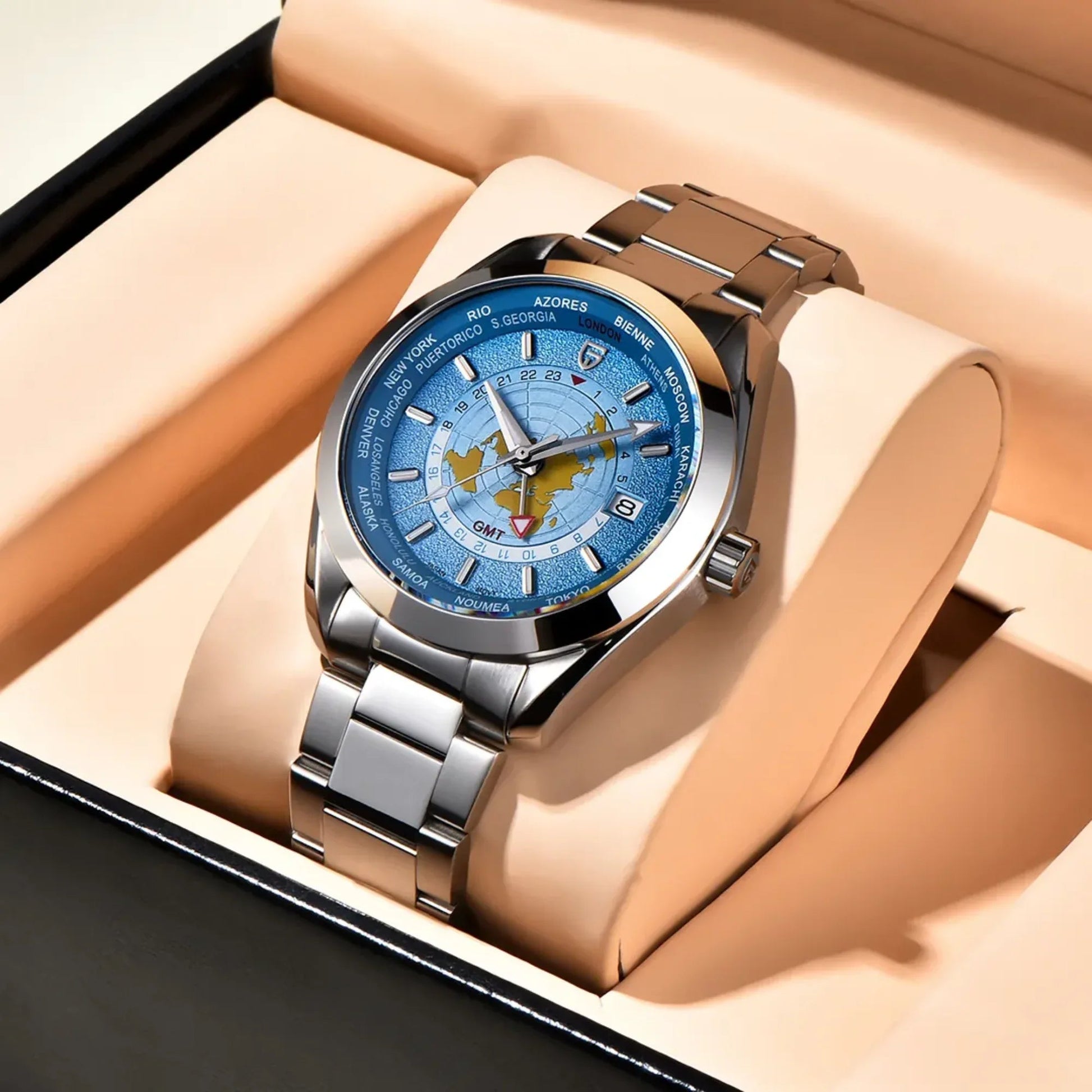 Pagani Design PD-1788 40mm Automatic GMT Stainless Steel World Timer - Deep Blue - DREAM WATCHES