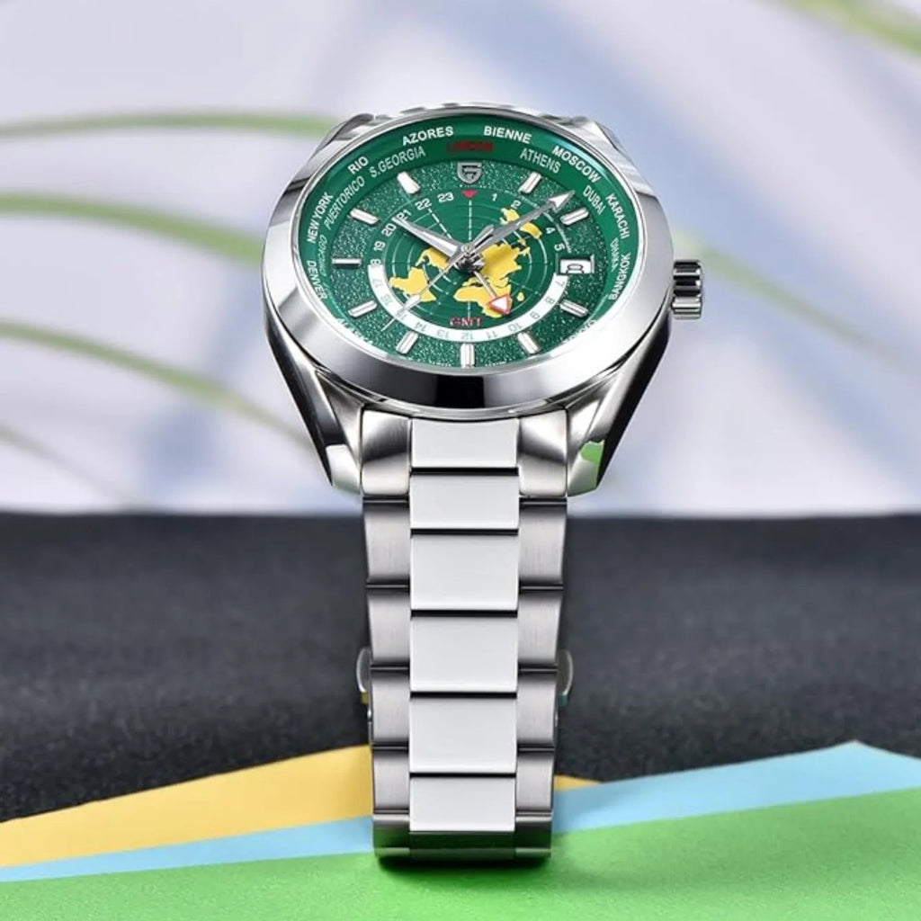 Pagani Design PD-1788 40mm Automatic GMT Stainless Steel World Timer - Deep Green - DREAM WATCHES