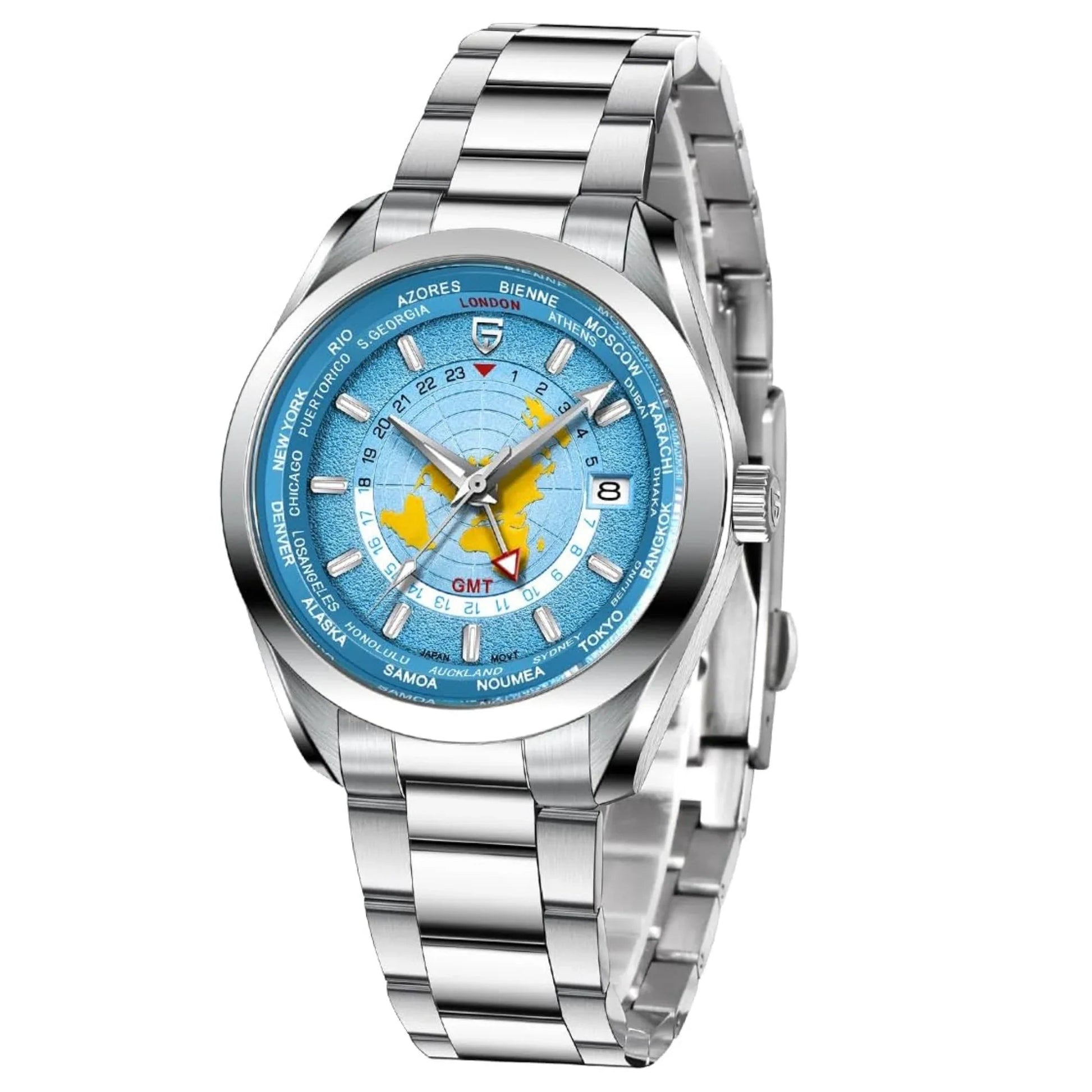Pagani Design PD-1788 40mm Automatic GMT Stainless Steel World Timer - Sky Blue - DREAM WATCHES