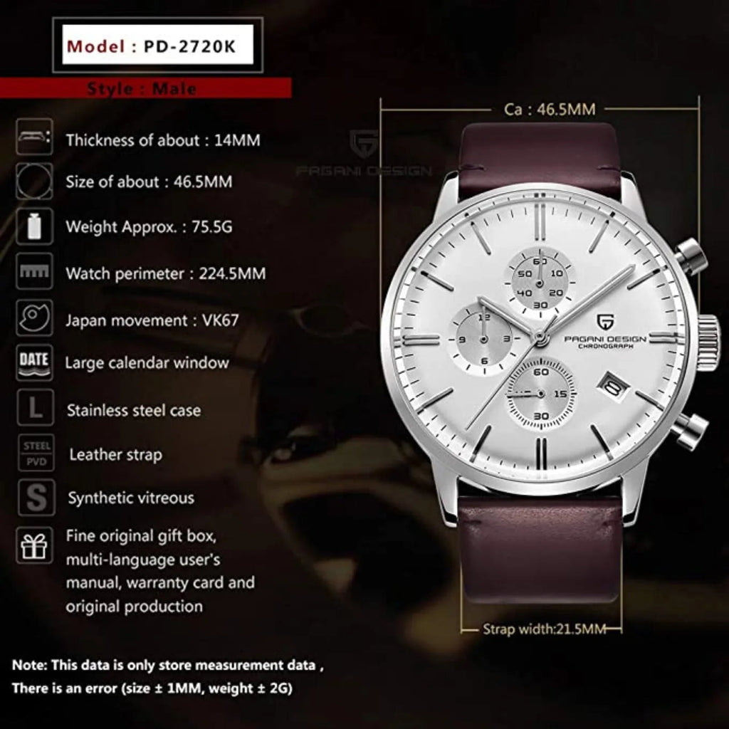 Pagani Design PD-2720K Chronograph (Movement Japanese VK67) | Stainless Steel Men's Luxury Watch - White Dial - DREAM WATCHES