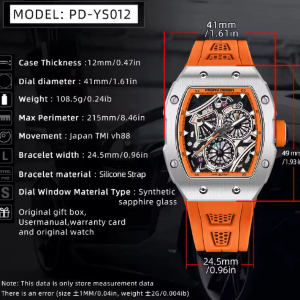 Pagani Design PD-YS012 Tonneau Watch Men's 41MM 50M Waterproof Fashion Quartz Japan VH88 Quartz Watch Fashion Sapphire Crystal Stainless Steel Luminous Business Watch - DREAM WATCHES