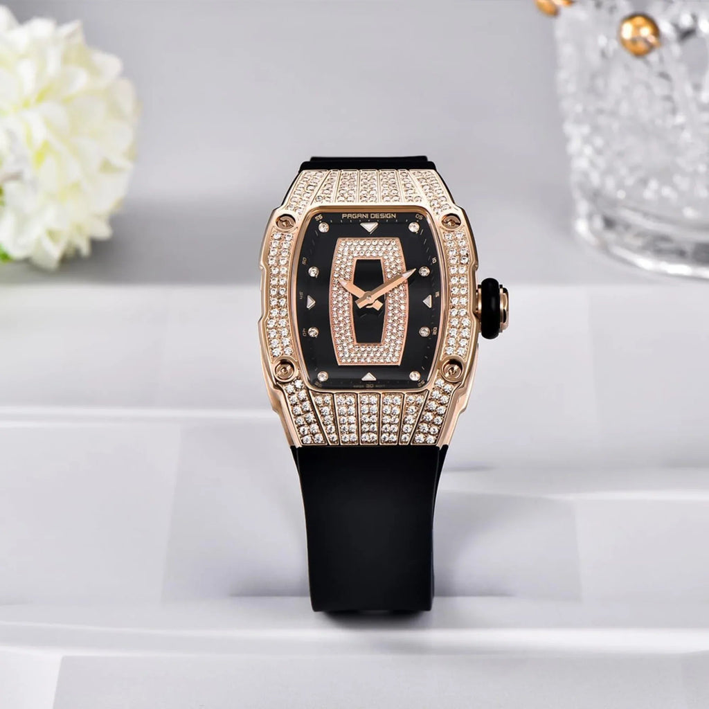 Pagani Design PD-YS013 Bergani Fashion Women's Diamond Inlaid Watch Waterproof Sports Waterproof Night Glow Trend Silicone Women's Watch - Gold Black - DREAM WATCHES