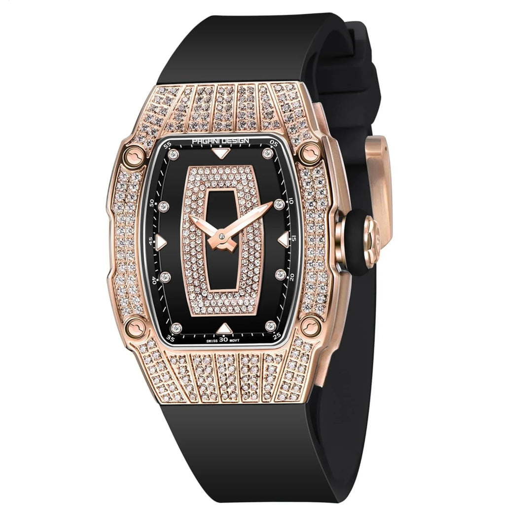 Pagani Design PD-YS013 Bergani Fashion Women's Diamond Inlaid Watch Waterproof Sports Waterproof Night Glow Trend Silicone Women's Watch - Gold Black - DREAM WATCHES