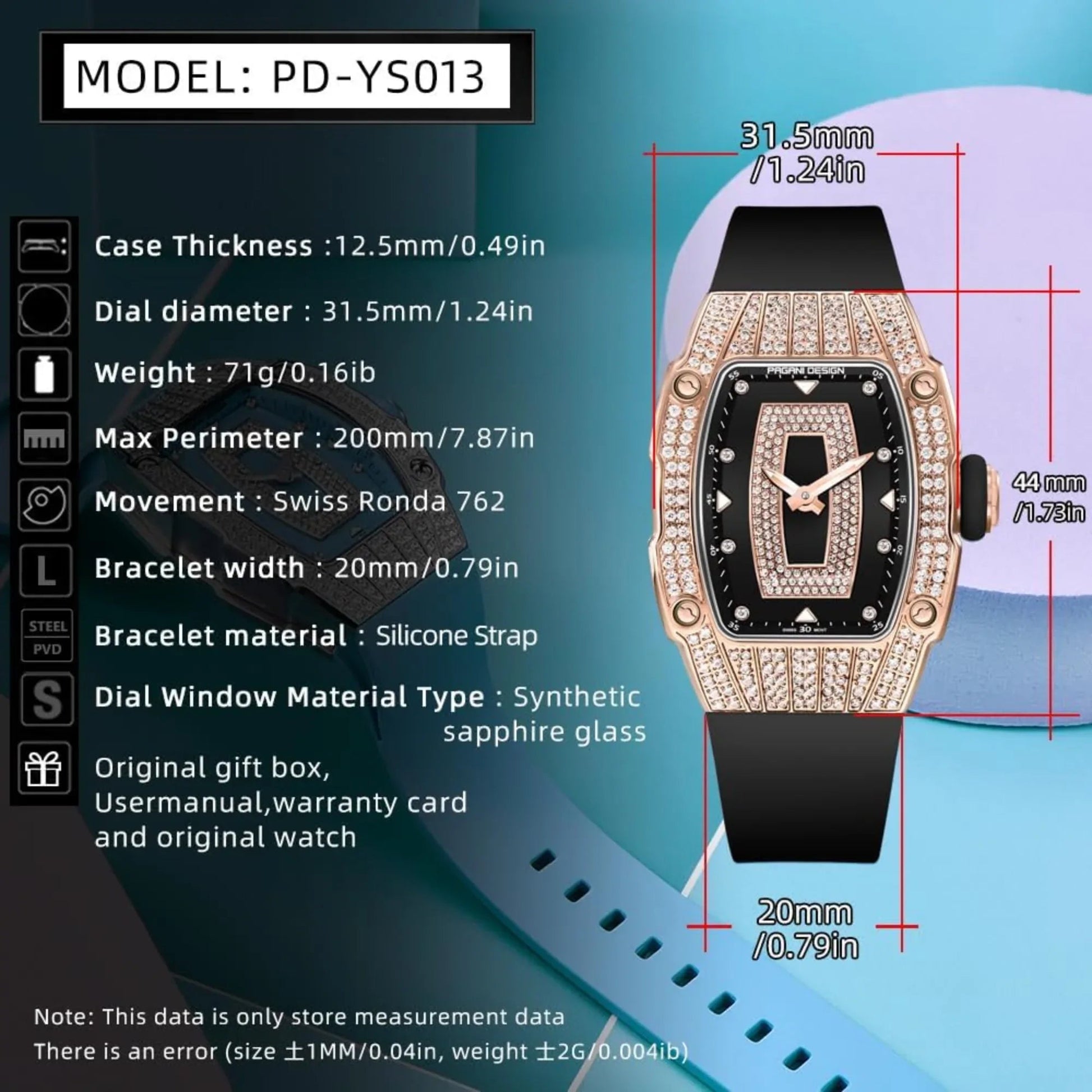 Pagani Design PD-YS013 Bergani Fashion Women's Diamond Inlaid Watch Waterproof Sports Waterproof Night Glow Trend Silicone Women's Watch - Gold Black - DREAM WATCHES