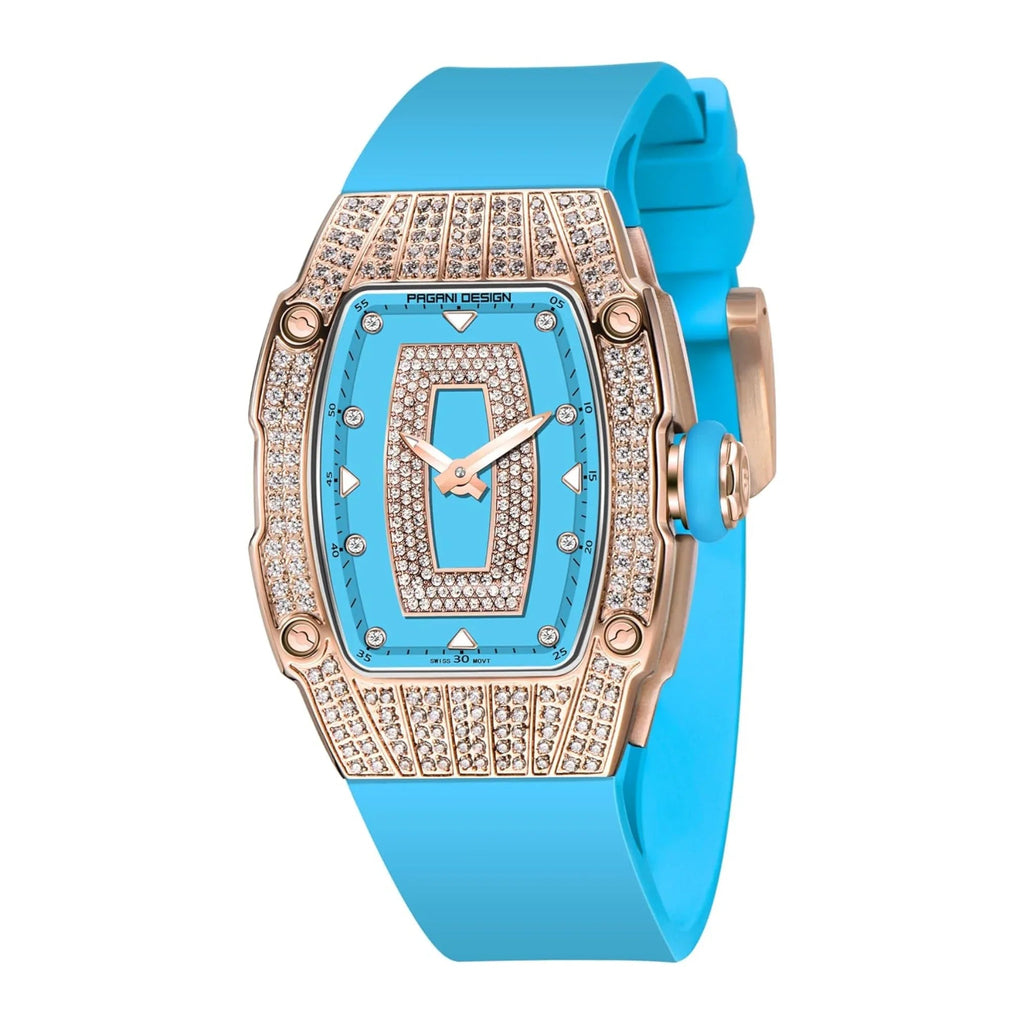 Pagani Design PD-YS013 Bergani Fashion Women's Diamond Inlaid Watch Waterproof Sports Waterproof Night Glow Trend Silicone Women's Watch - Gold Blue - DREAM WATCHES
