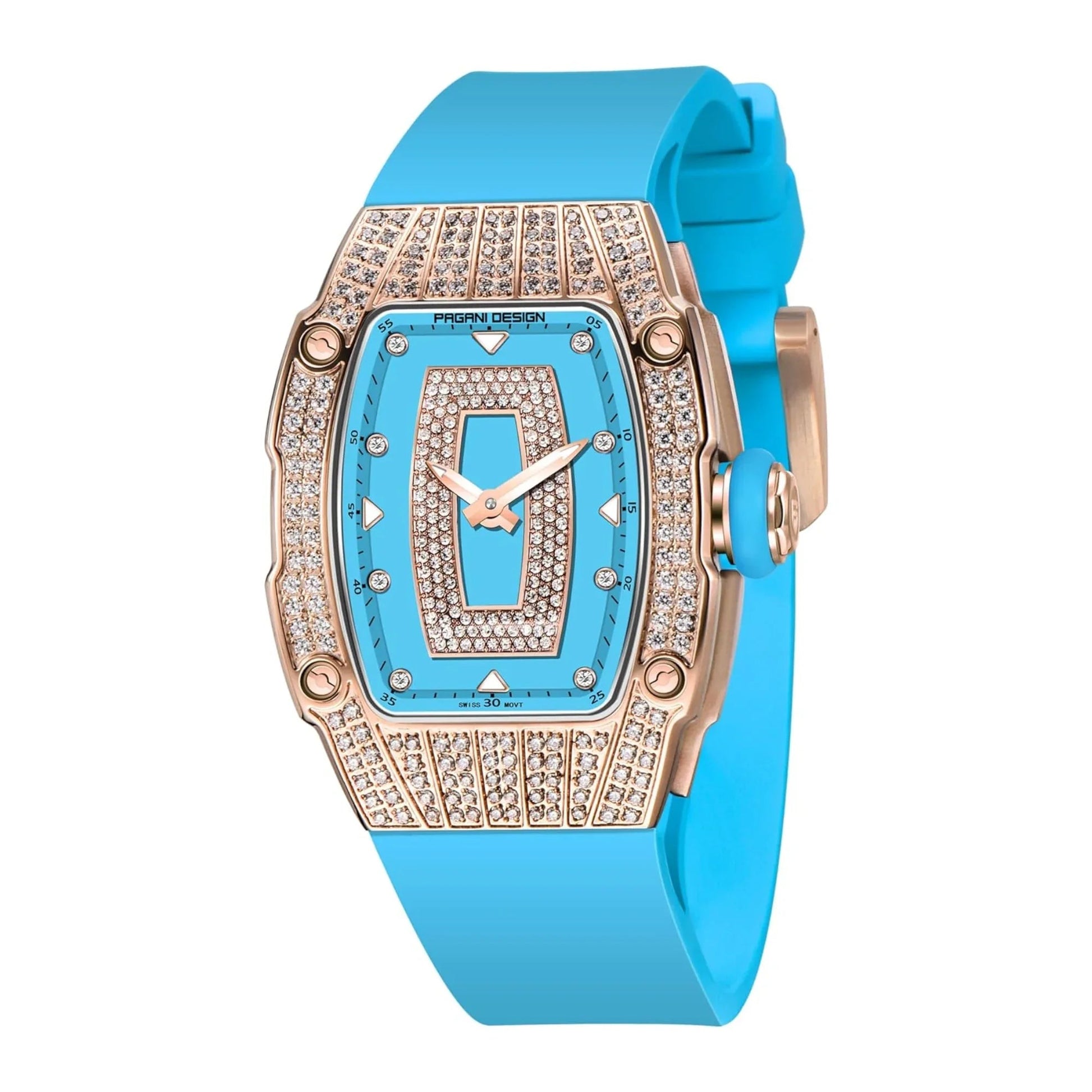 Pagani Design PD-YS013 Bergani Fashion Women's Diamond Inlaid Watch Waterproof Sports Waterproof Night Glow Trend Silicone Women's Watch - Gold Blue - DREAM WATCHES