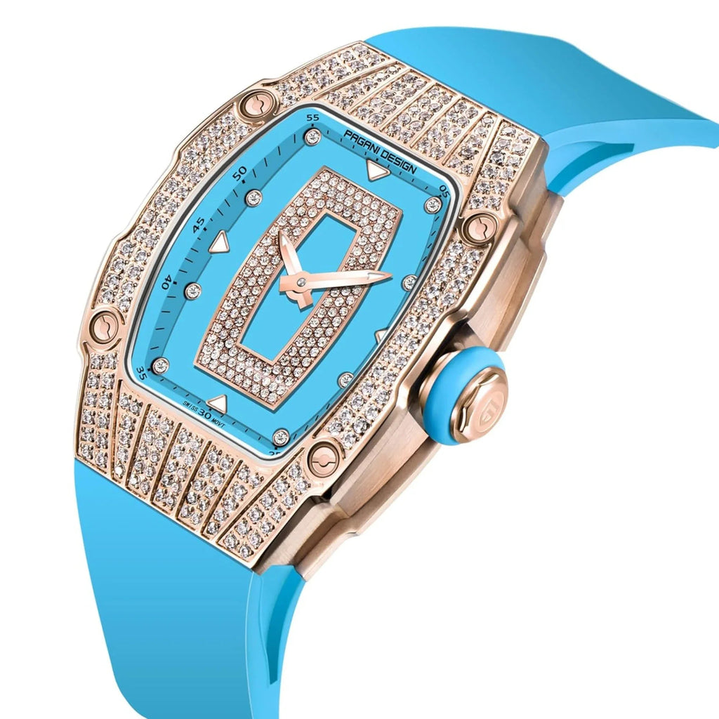 Pagani Design PD-YS013 Bergani Fashion Women's Diamond Inlaid Watch Waterproof Sports Waterproof Night Glow Trend Silicone Women's Watch - Gold Blue - DREAM WATCHES