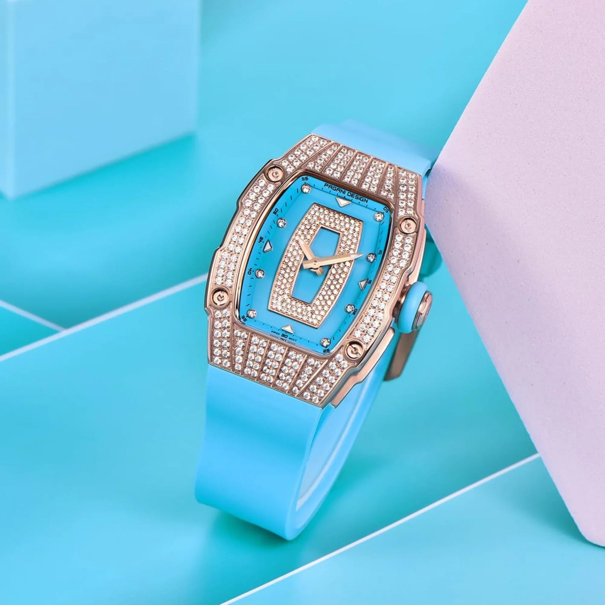 Pagani Design PD-YS013 Bergani Fashion Women's Diamond Inlaid Watch Waterproof Sports Waterproof Night Glow Trend Silicone Women's Watch - Gold Blue - DREAM WATCHES