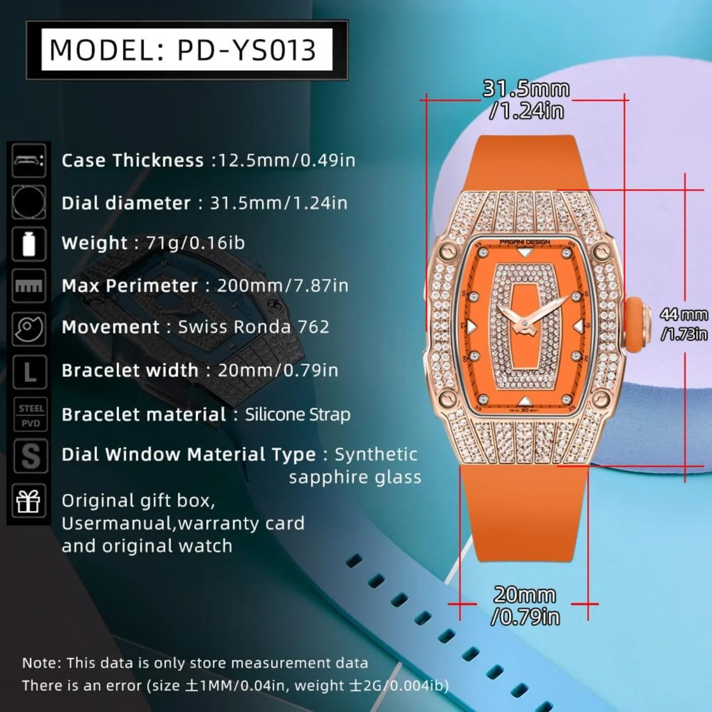 Pagani Design PD-YS013 Bergani Fashion Women's Diamond Inlaid Watch Waterproof Sports Waterproof Night Glow Trend Silicone Women's Watch - Gold Orange - DREAM WATCHES