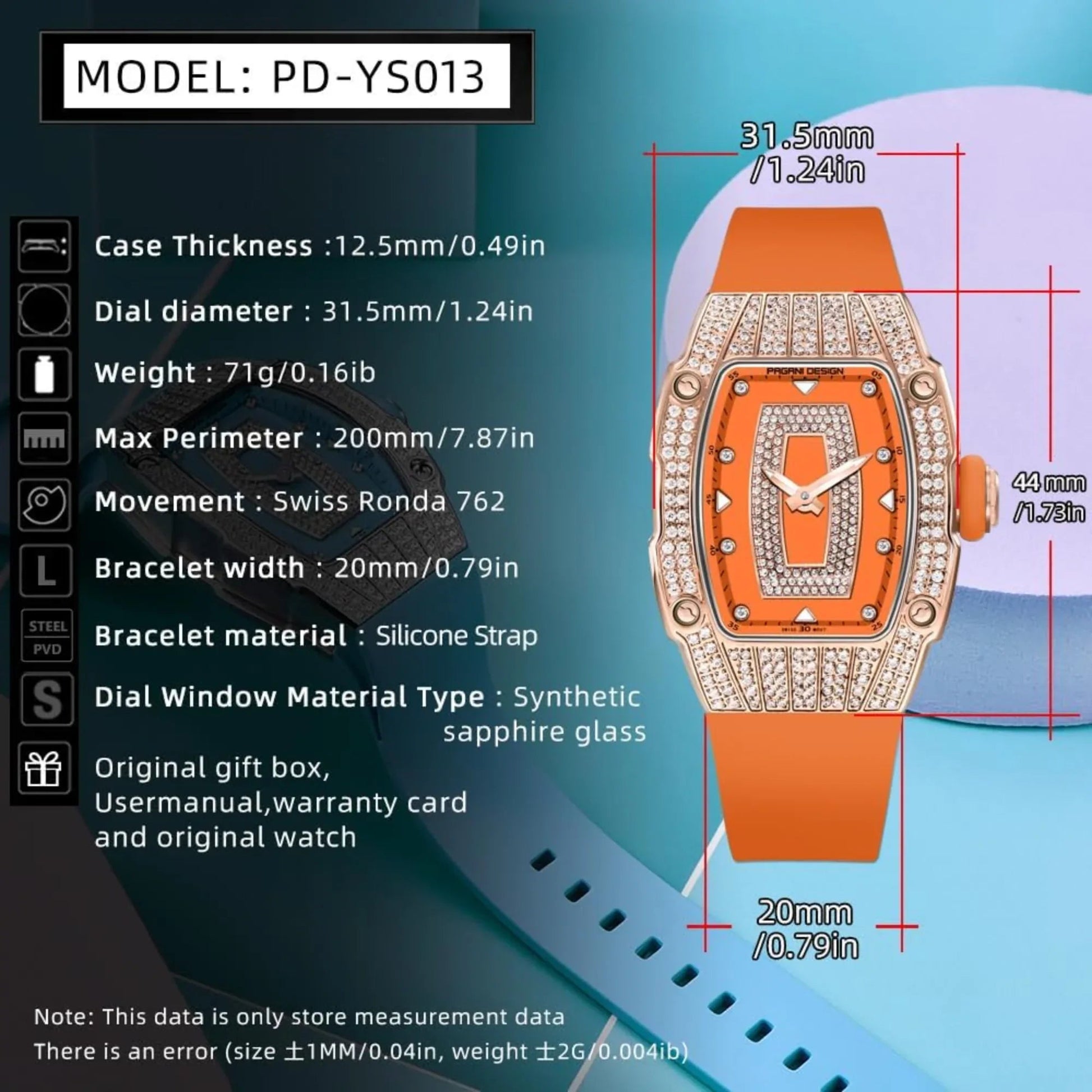Pagani Design PD-YS013 Bergani Fashion Women's Diamond Inlaid Watch Waterproof Sports Waterproof Night Glow Trend Silicone Women's Watch - Gold Orange - DREAM WATCHES